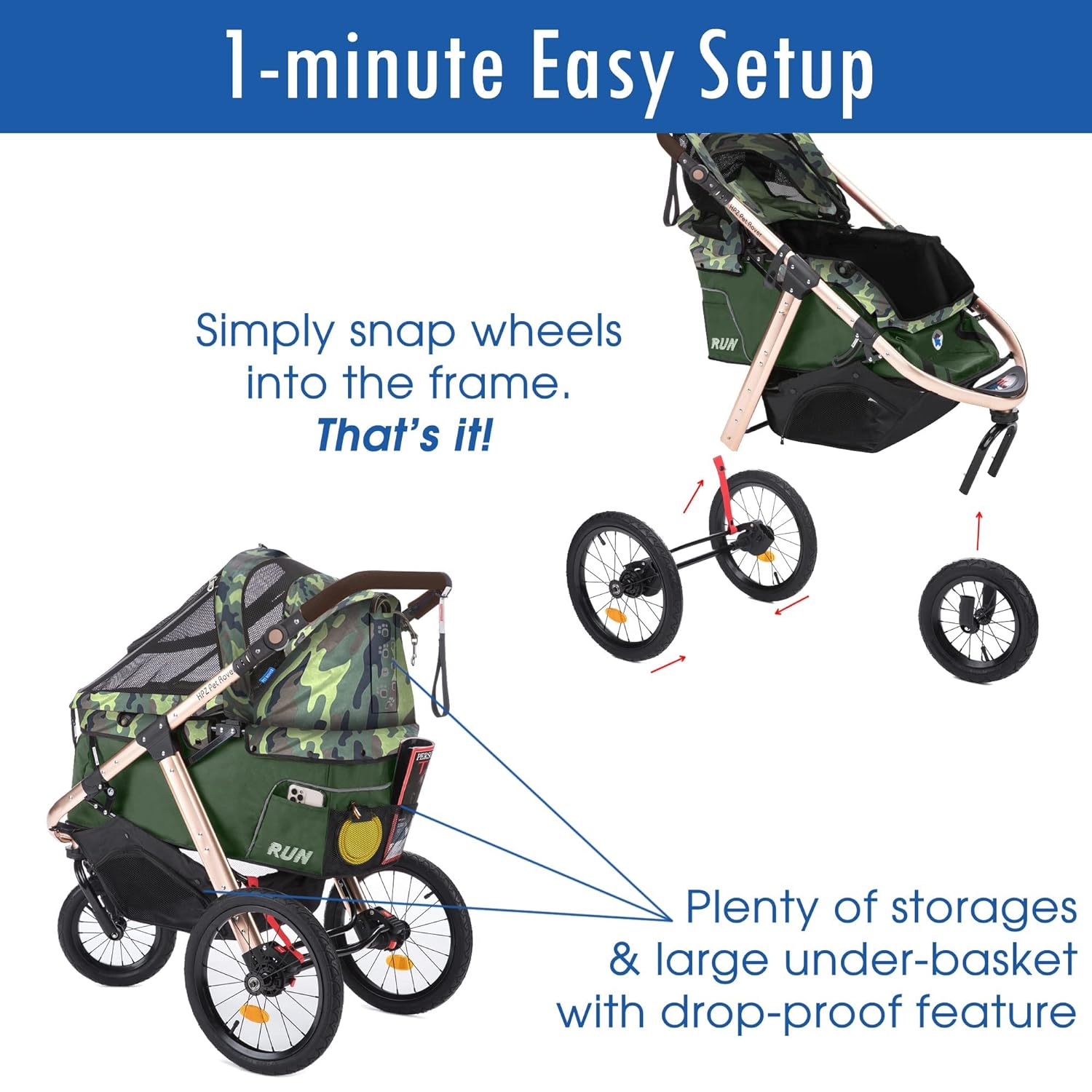 Jogging Sports Stroller with Comfort Rubber Wheels/Zipper-Less Entry/1-Hand Quick Fold/Aluminum Frame for Small/Medium Dogs Cats and Pets (Green Camo)