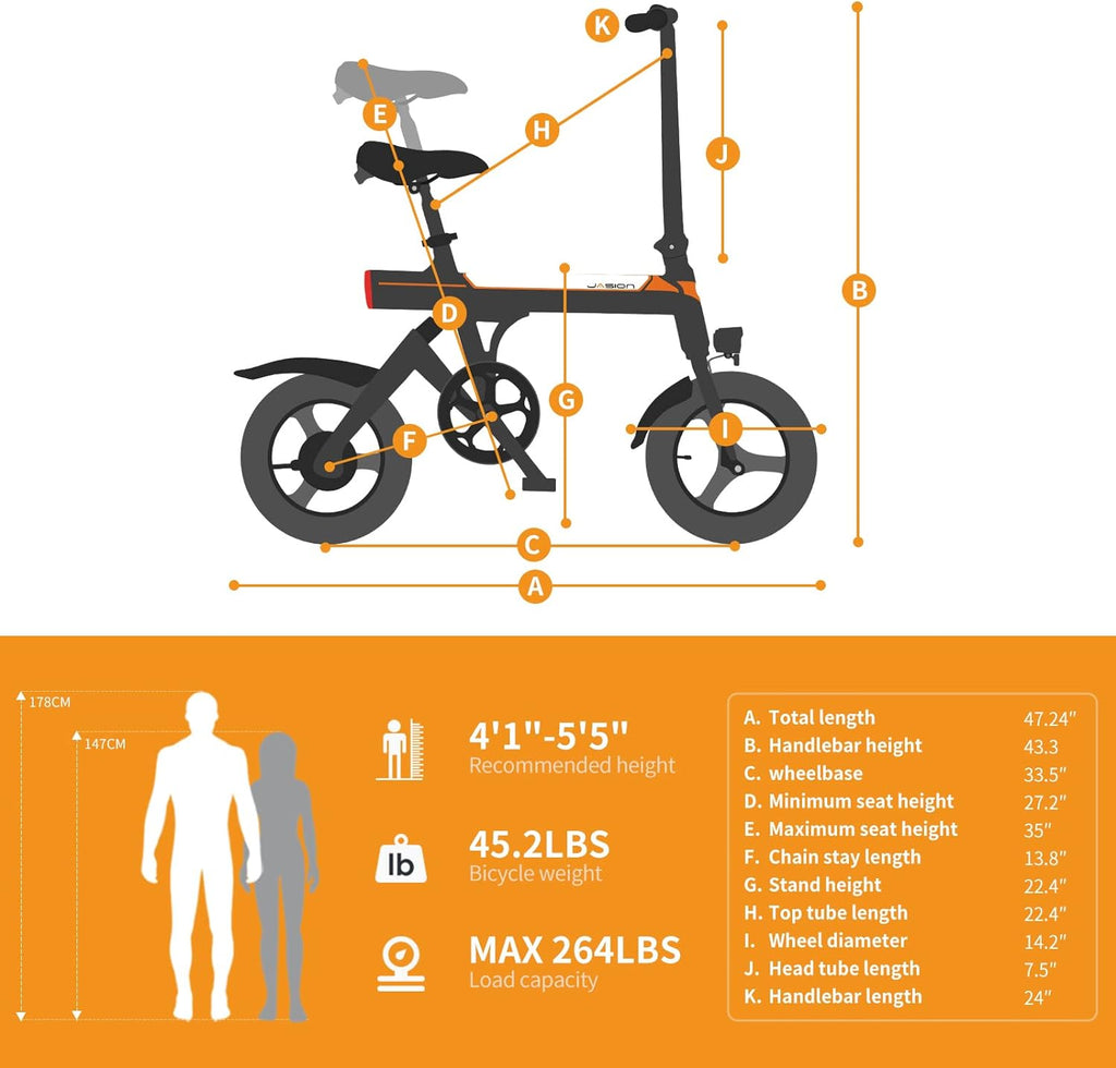 Jasion EB3 Electric Bike Adults 21mph, 500W Peak Motor, 270Wh Battery, Rear Suspension, 3 Levels Assist, 14&prime;&prime; Folding Ebike for Adults and Teens, Complies to UL2849