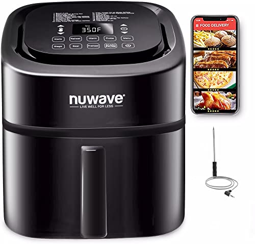 Nuwave Brio 8 Qt Air Fryer, Powerful 1800W, Easy to Read Cool White Display, 50° 400°F Temp Controls, 100 Pre Programmed Presets &amp; 50 Memory Slots, Integrated Smart Thermometer, Linear T Technology