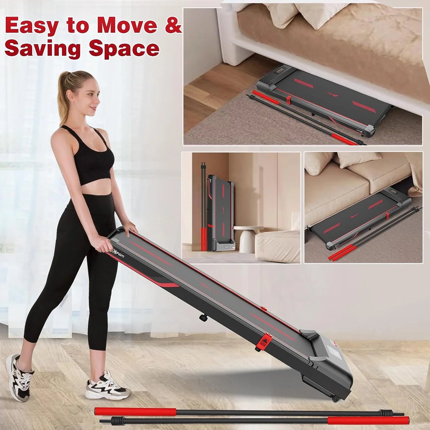Superjoe Walking Pad Treadmill Under Desk 2 in 1 with Remote Control & Removable Handrails Under Desk Treadmills for Home Exercise Walking Running Jogging Machine LED Display Free Installation Red