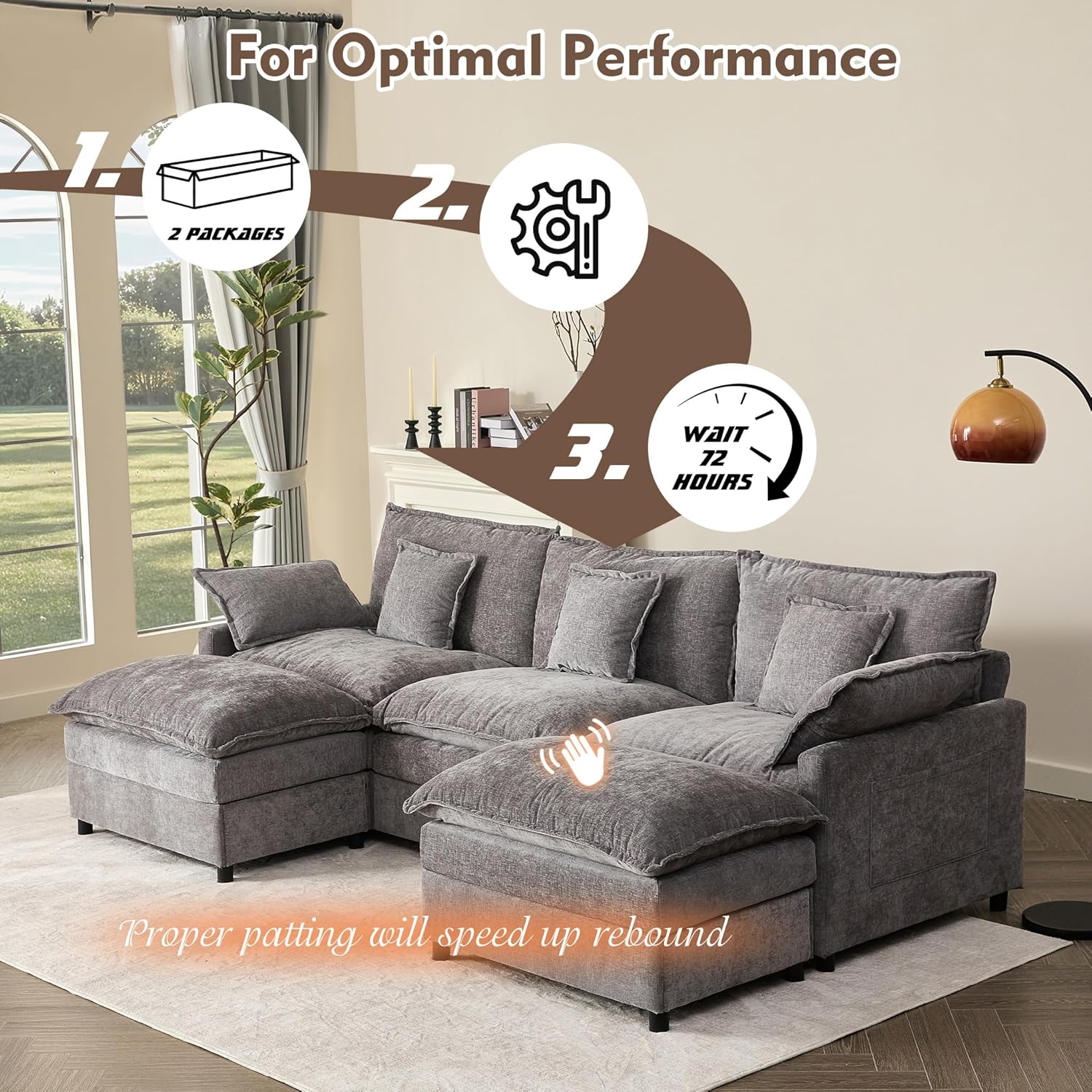 108" U Shaped Couch, Modular Sectional Sofa, 3-Seater Comfy Cloud Couch with Movable Ottoman, Deep Seat Couches for Living Room, Linen, Beige