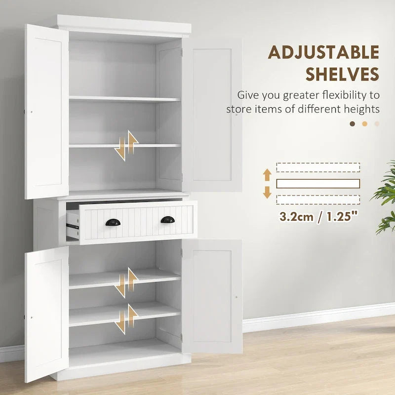 72  Kitchen Pantry Storage Cabinet, Traditional Freestanding Cabinet with 4 Doors and 3 Adjustable Shelves, Large Central Drawer