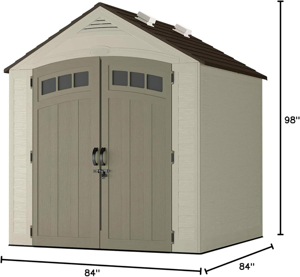 2025 Suncast Vista 7x7 Storage Shed with Multi-Wall Resin Panels, 4 Skylights, IllumiVent System, and Pad-Lockable Doors, 84" D x 84" W x 98" H, Made in The USA