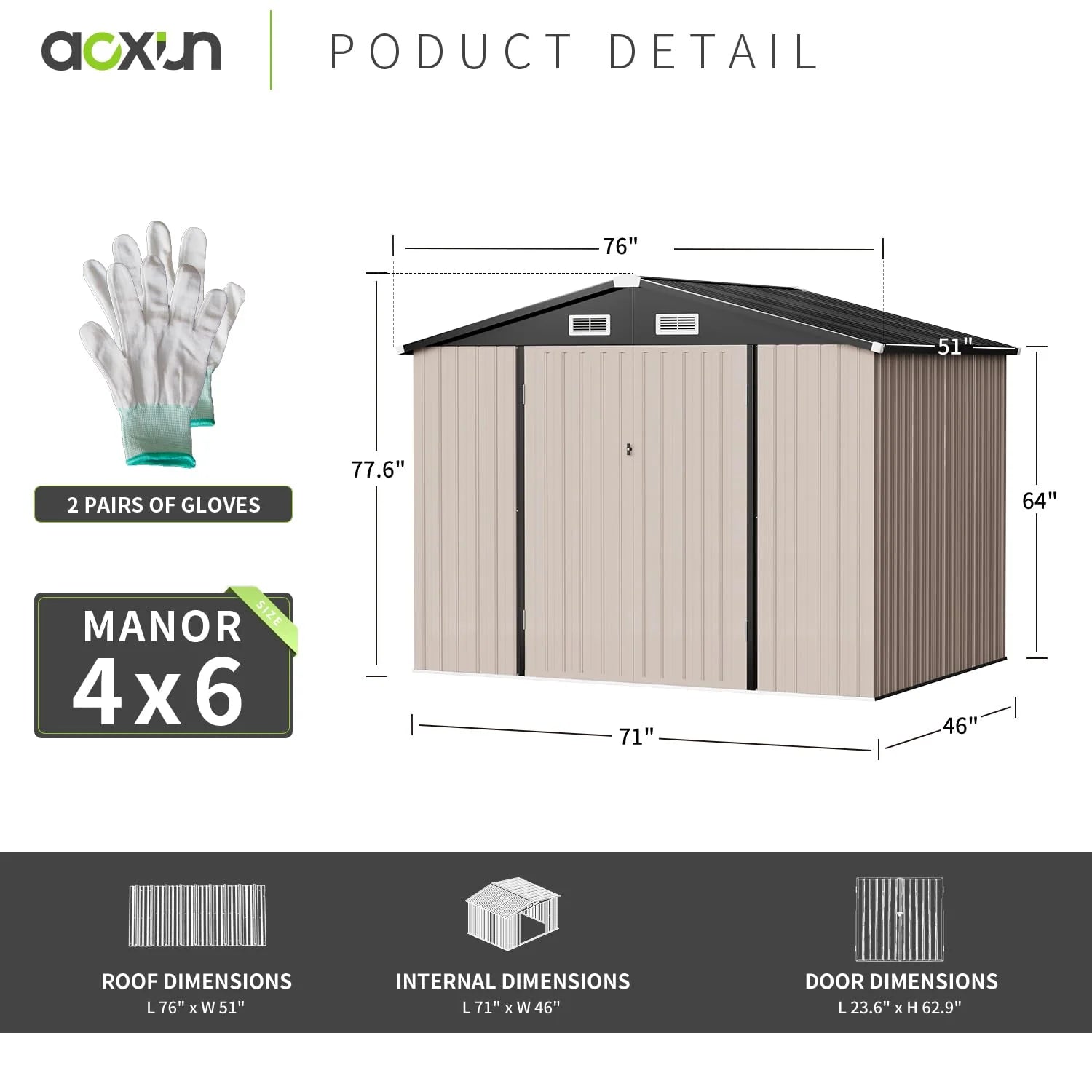 Aoxun 6.4x4 FT Outdoor Storage Shed for Tool Garden