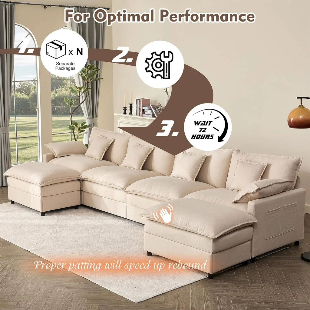 108" U Shaped Couch, Modular Sectional Sofa, 3-Seater Comfy Cloud Couch with Movable Ottoman, Deep Seat Couches for Living Room, Linen, Beige