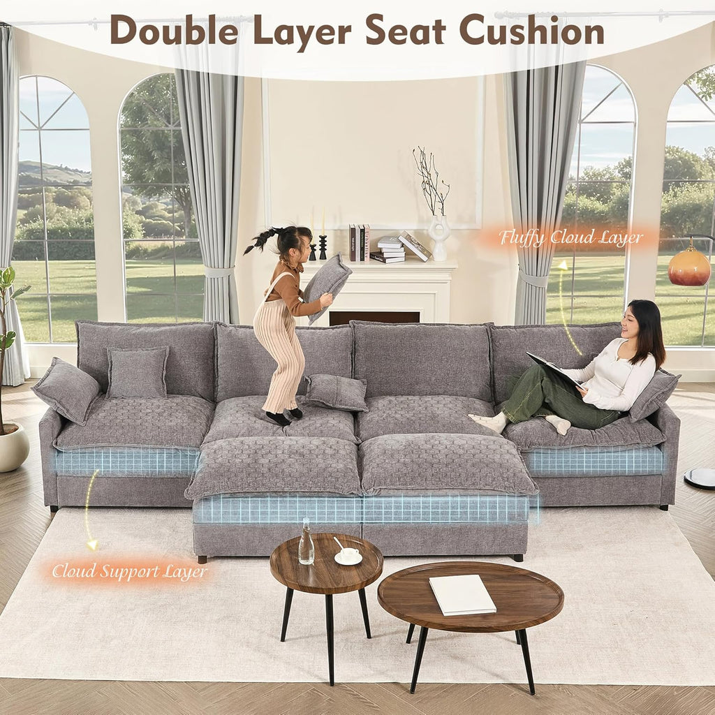 108" U Shaped Couch, Modular Sectional Sofa, 3-Seater Comfy Cloud Couch with Movable Ottoman, Deep Seat Couches for Living Room, Linen, Beige