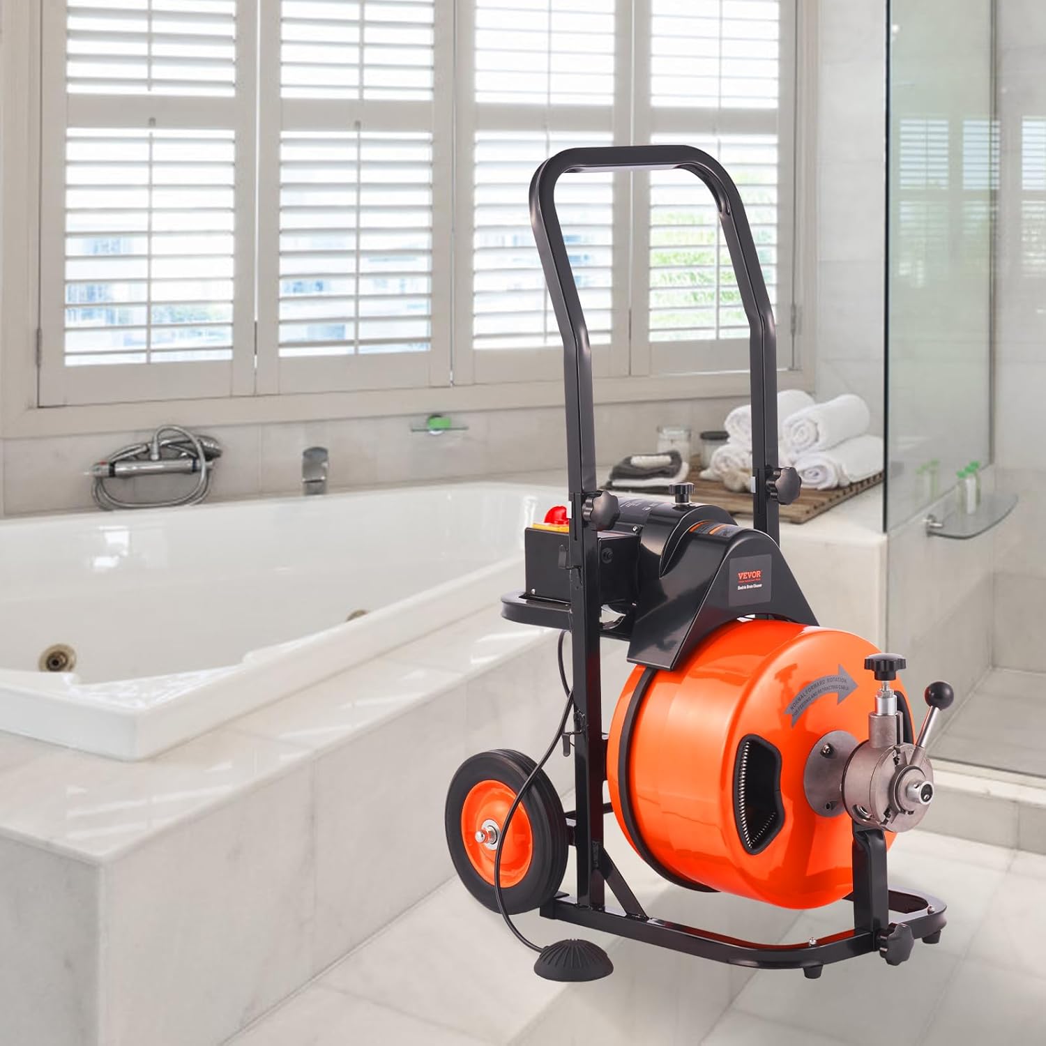 2025 Drain Cleaner Machine 100FT x 1/2Inch, Auto Feed Sewer Snake Auger with 4 Cutter & Air-activated Foot Switch for 1" to 4" Pipes, Orange, Black
