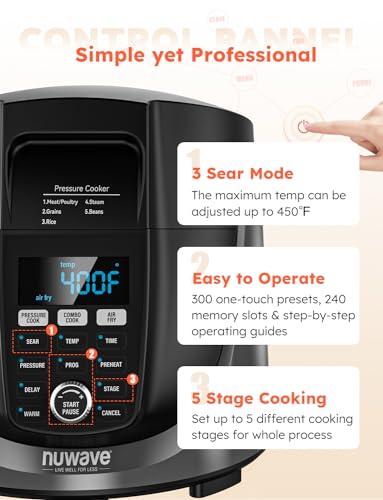 Nuwave Duet Air Fryer and Electric Pressure Cooker Combo with 2 Switchable Lids, 300 FoolProof One Touch Presets, Crisp&amp;Tender Tech, 6QT Heavy duty Stainless Steel Pot, 15  Safety Features : Home &amp; Kitchen