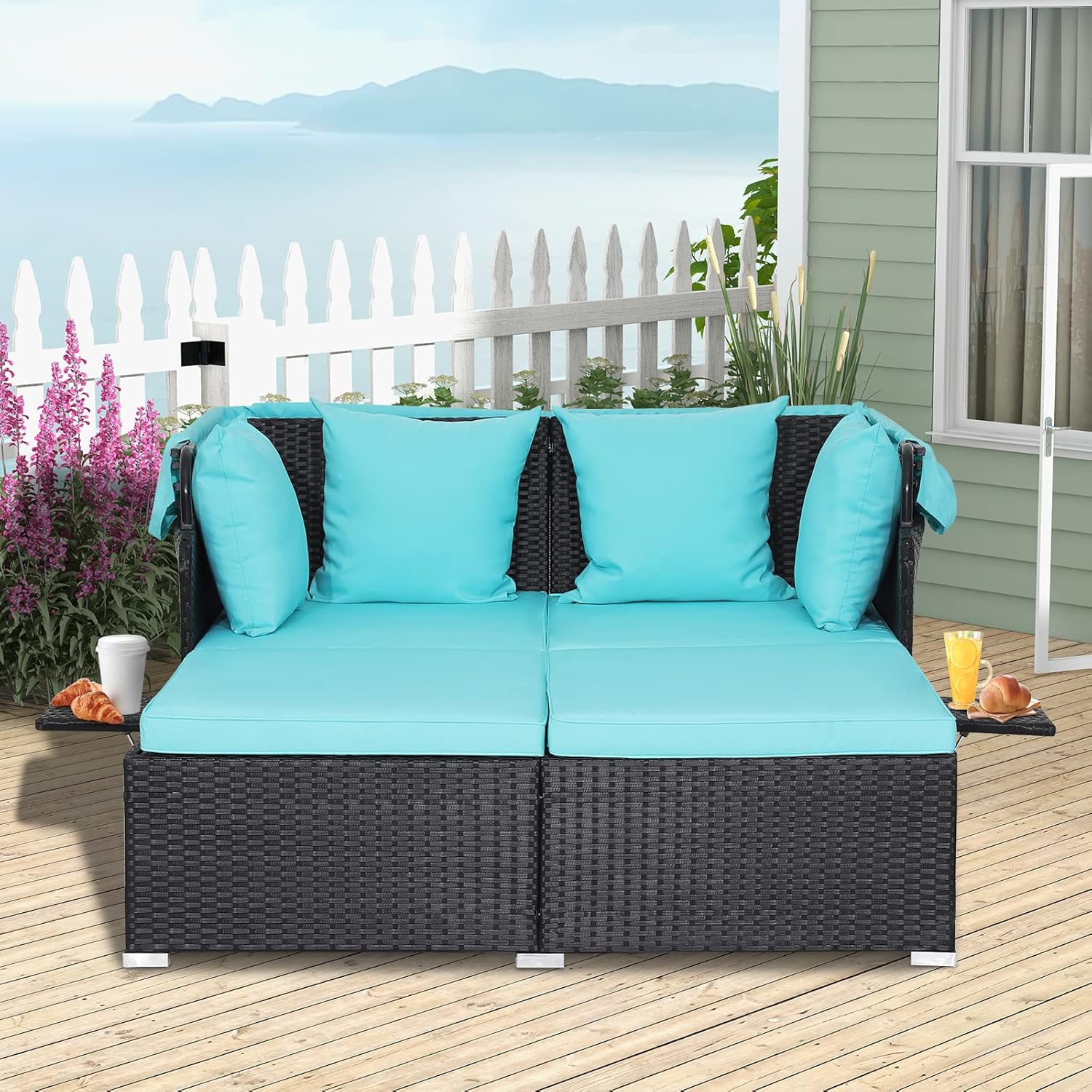 RELAX4LIFE Patio Outdoor Daybed Canopy Wicker Sunbed Cushions Lounge Bed Conversation