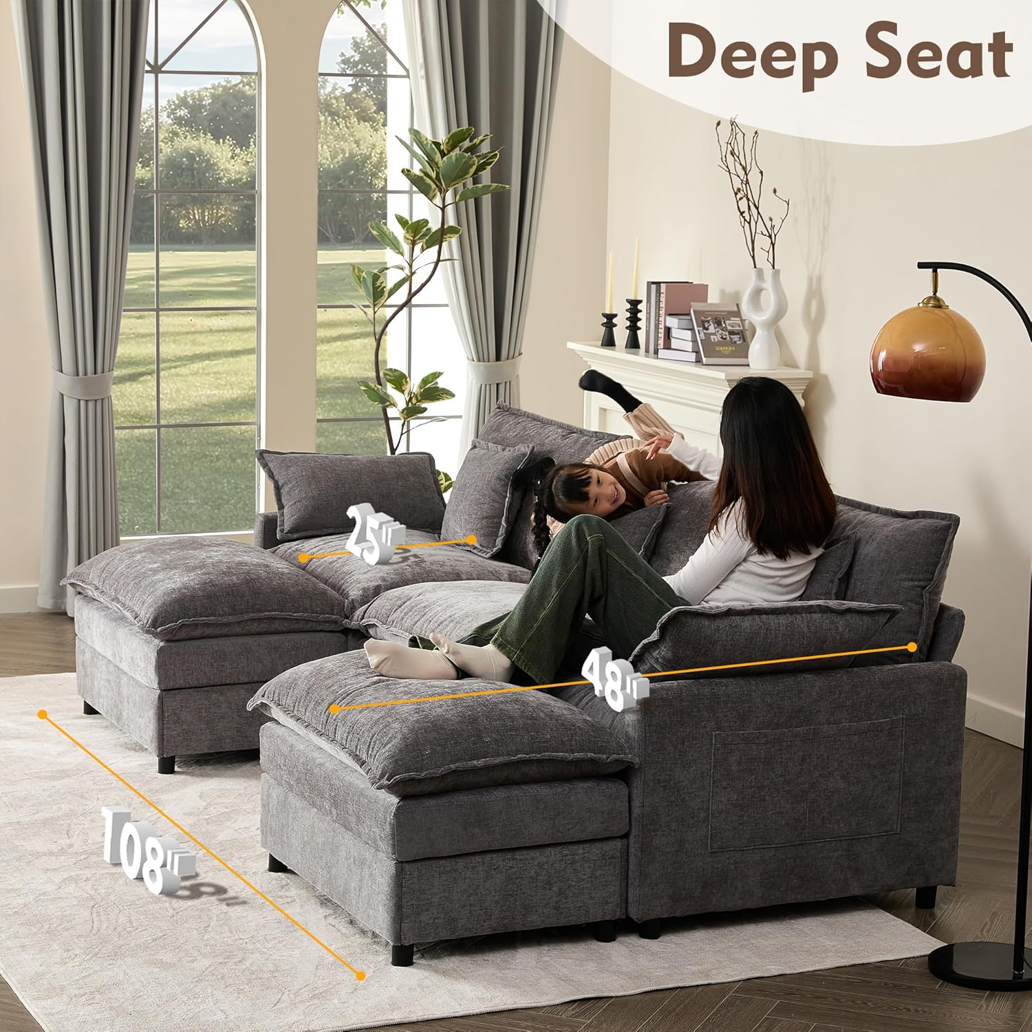 108" U Shaped Couch, Modular Sectional Sofa, 3-Seater Comfy Cloud Couch with Movable Ottoman, Deep Seat Couches for Living Room, Linen, Beige