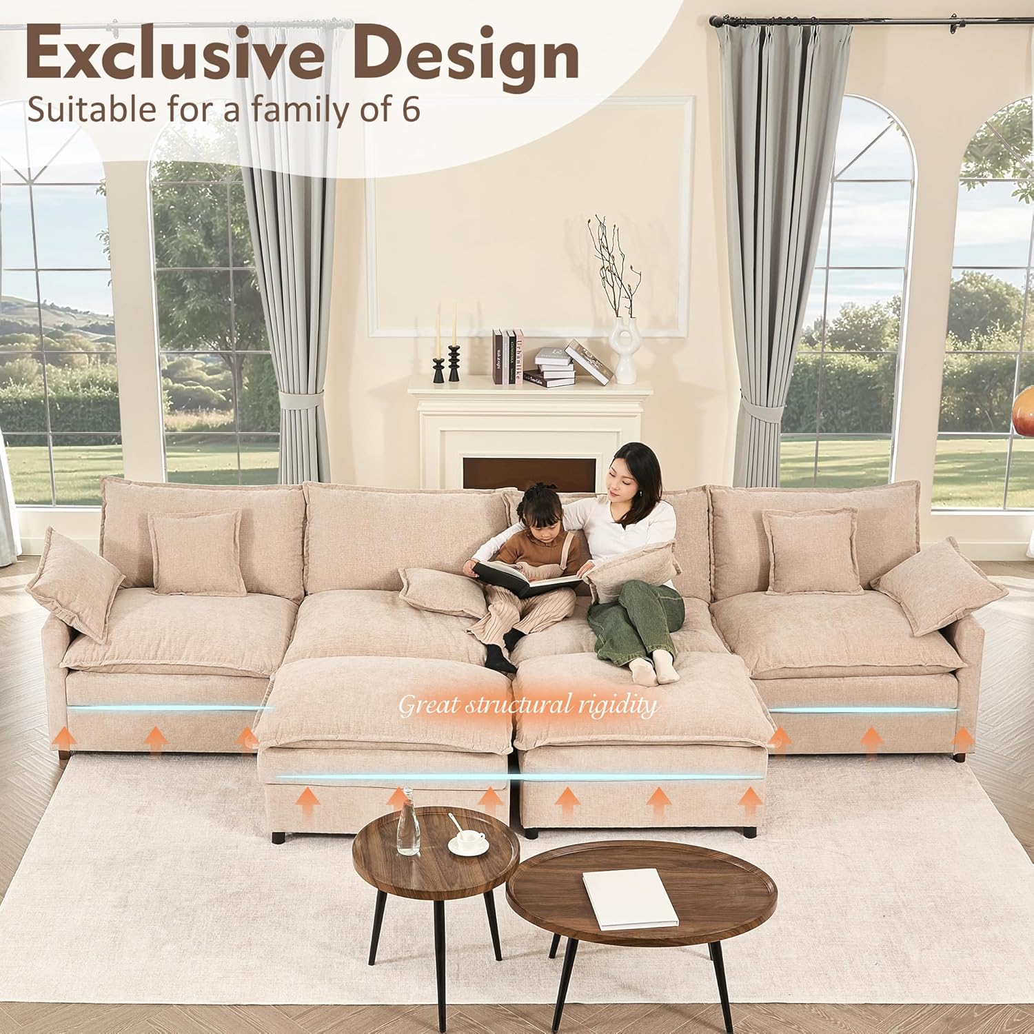 108" U Shaped Couch, Modular Sectional Sofa, 3-Seater Comfy Cloud Couch with Movable Ottoman, Deep Seat Couches for Living Room, Linen, Beige