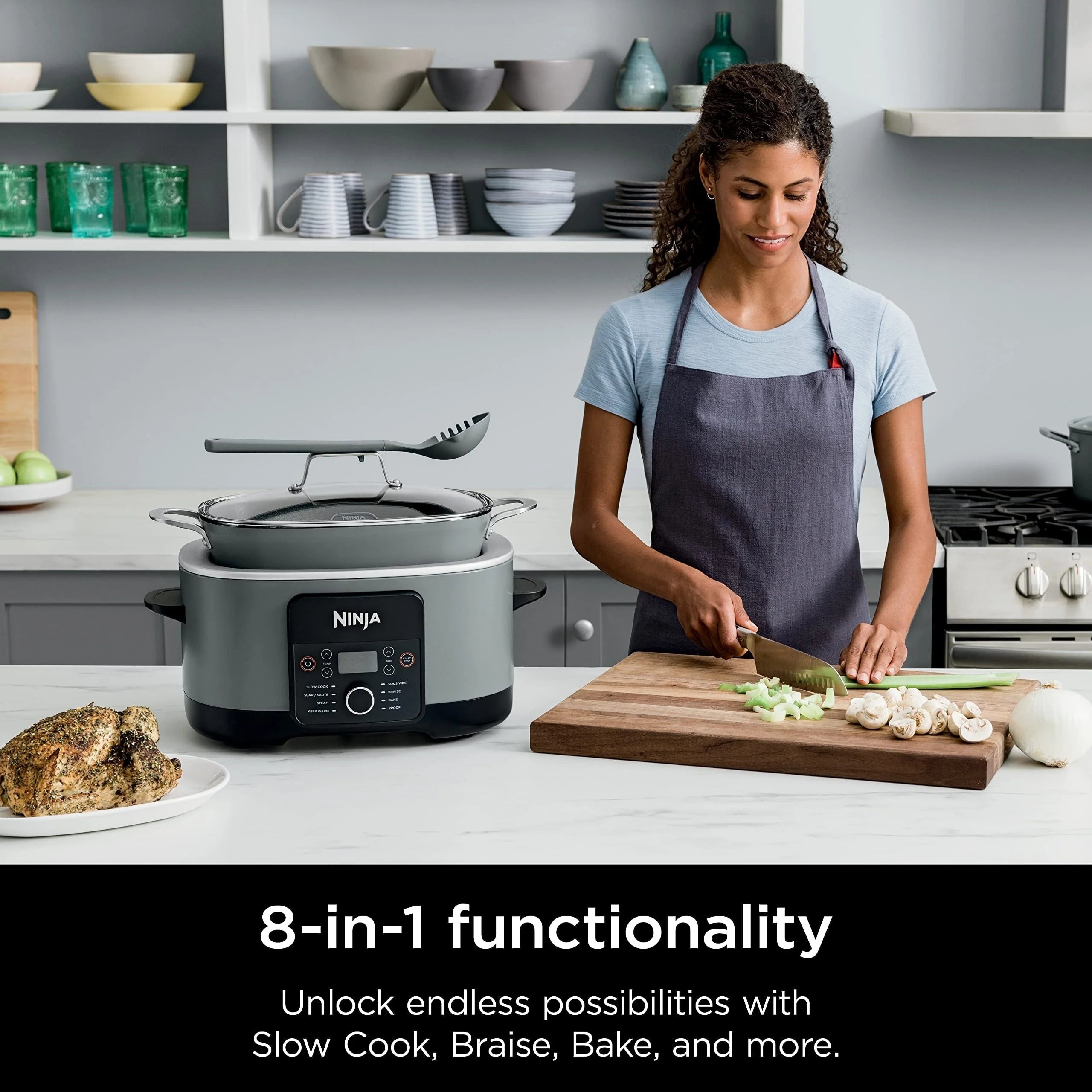 8.5 Quart Multi-Cooker, with 8-in-1 Slow Cooker, Dutch Oven, Steamer, Glass Lid, Integrated Spoon, Oven Safe Pot to 500°F