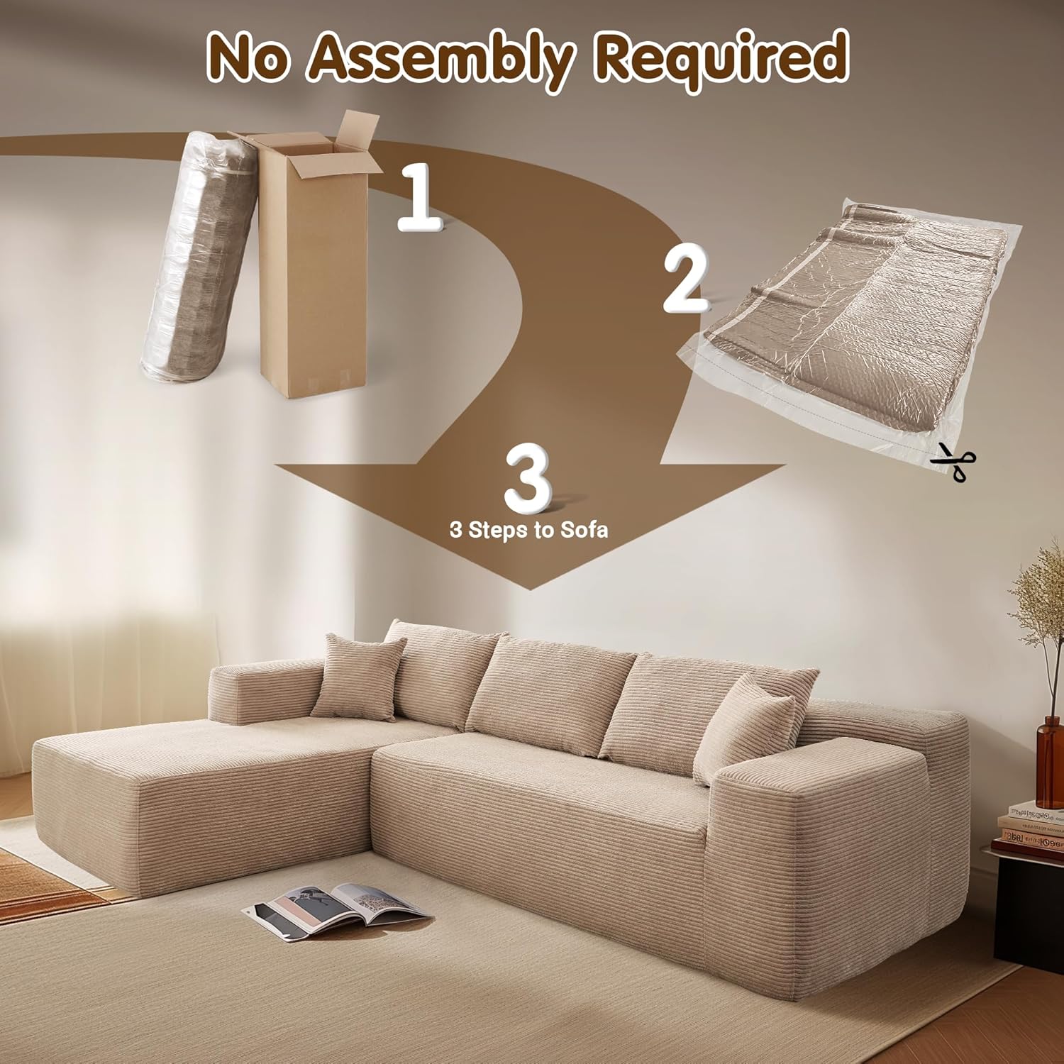 ovios 104" Cloud Sectional Couch with L-Shape Chaise,Modern Modular Sofa with Deep Seat, Upholstered Couches for Living Room Bedroom,No Assembly Required, Grey (Plush Corduroy Fabric)