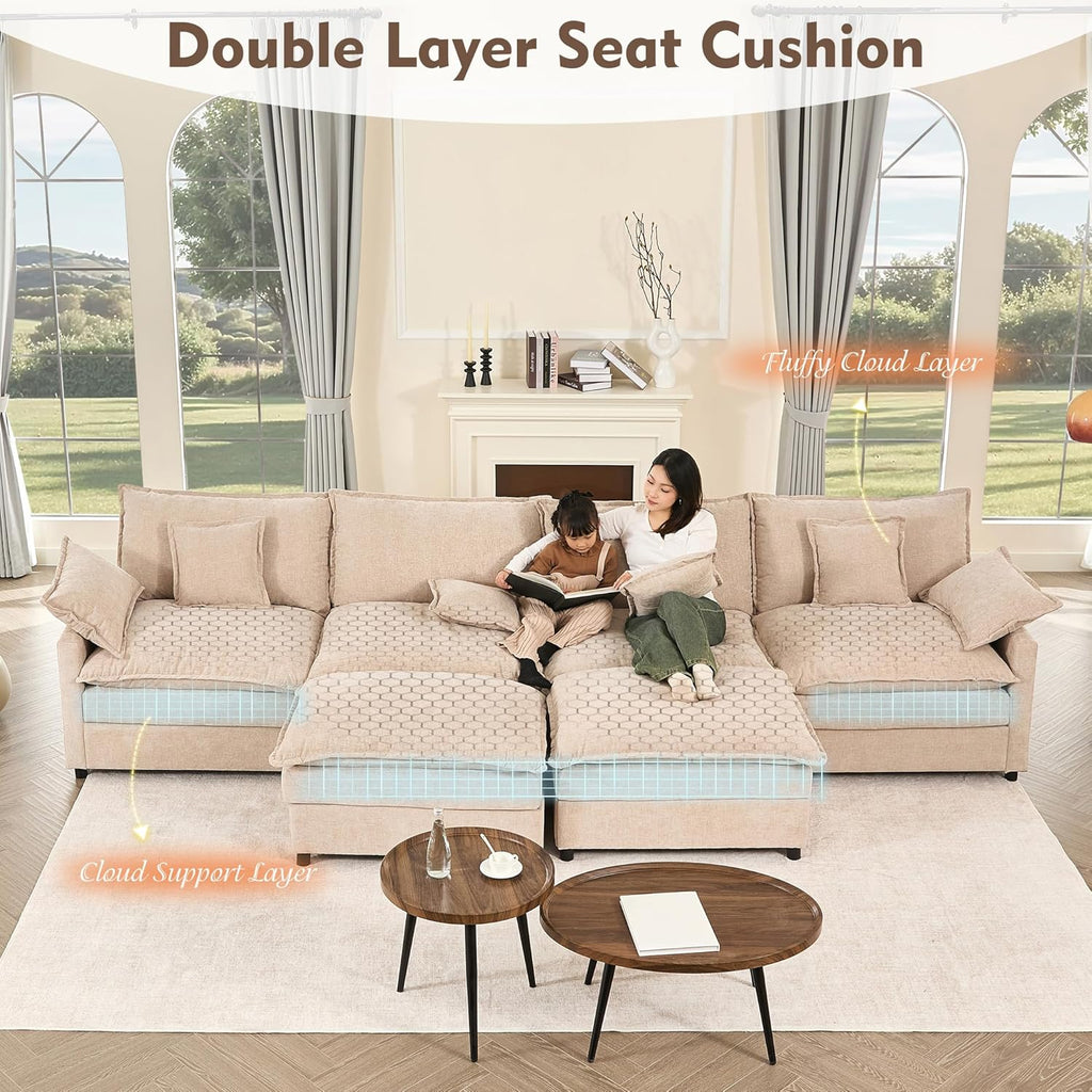 108" U Shaped Couch, Modular Sectional Sofa, 3-Seater Comfy Cloud Couch with Movable Ottoman, Deep Seat Couches for Living Room, Linen, Beige