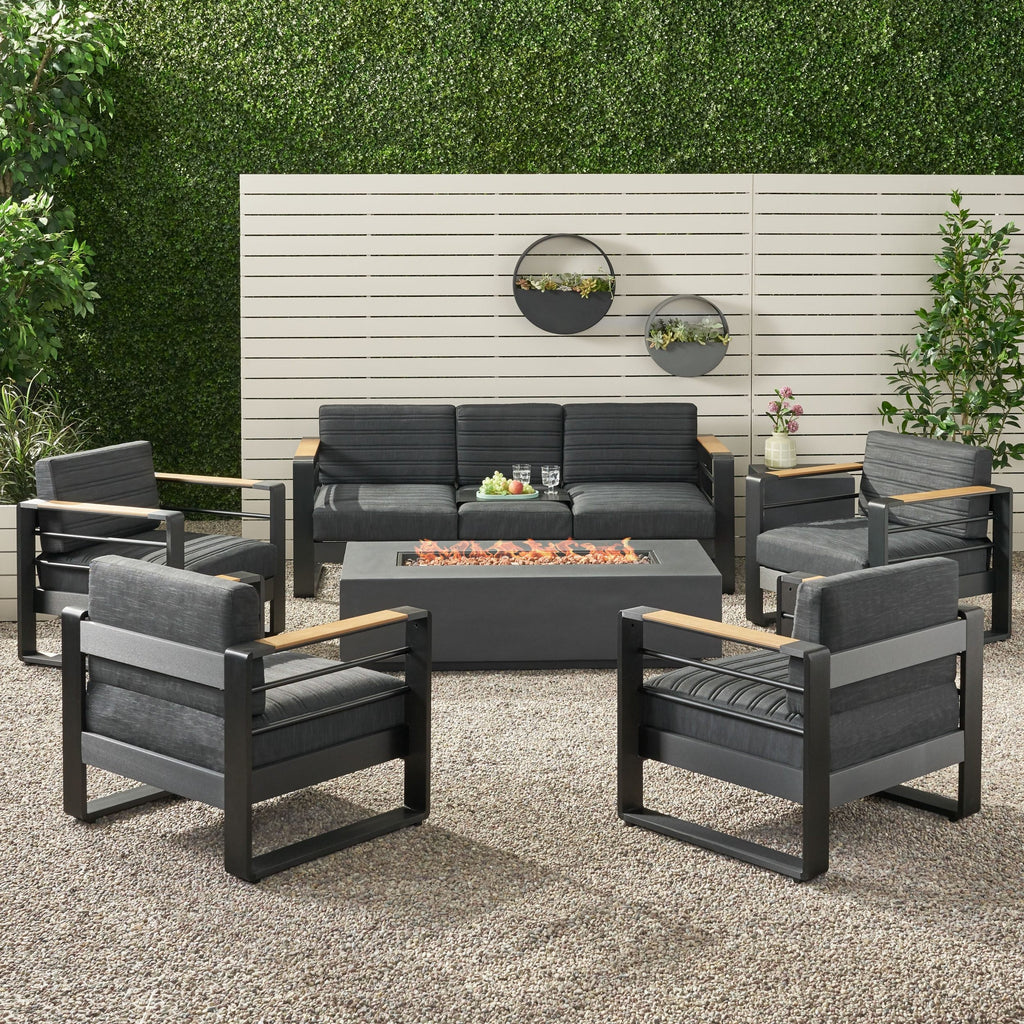 Outdoor Aluminum 7 Seater Chat Set with Fire Pit, Black, Natural, and Dark Gray - NH458413