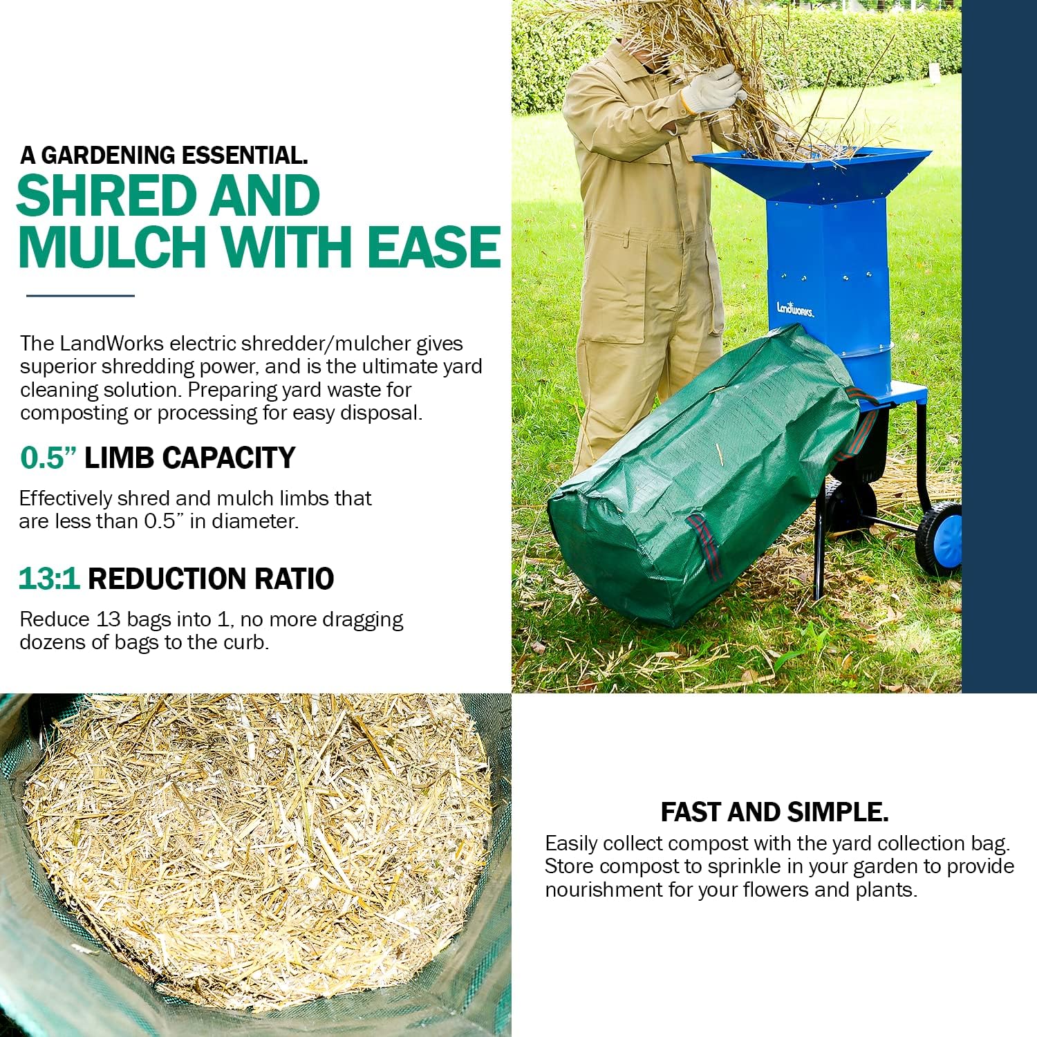 2025 Landworks Leaf Mulcher Shredder Electric Green and Waste Management Heavy Duty 120V AC 11" Inch Cutting Blade .5" Inch Cutting Capacity for Leaves, Grass, & Clippings