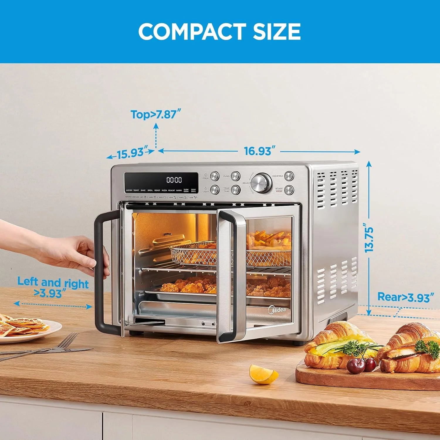 Flexify French Door Toaster Oven Air Fryer Combo, 26.4 QT, Extra Large Air Fryer Countertop Oven 10-in-1 Combo, 25% Faster Cooking and 90% Less Oil, Stainless Steel