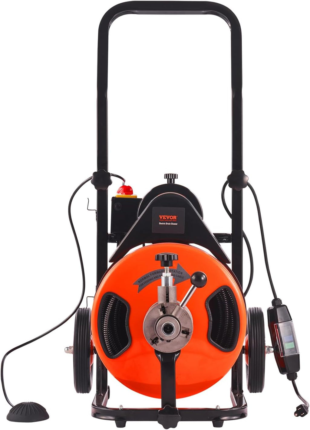 2025 Drain Cleaner Machine 100FT x 1/2Inch, Auto Feed Sewer Snake Auger with 4 Cutter & Air-activated Foot Switch for 1" to 4" Pipes, Orange, Black
