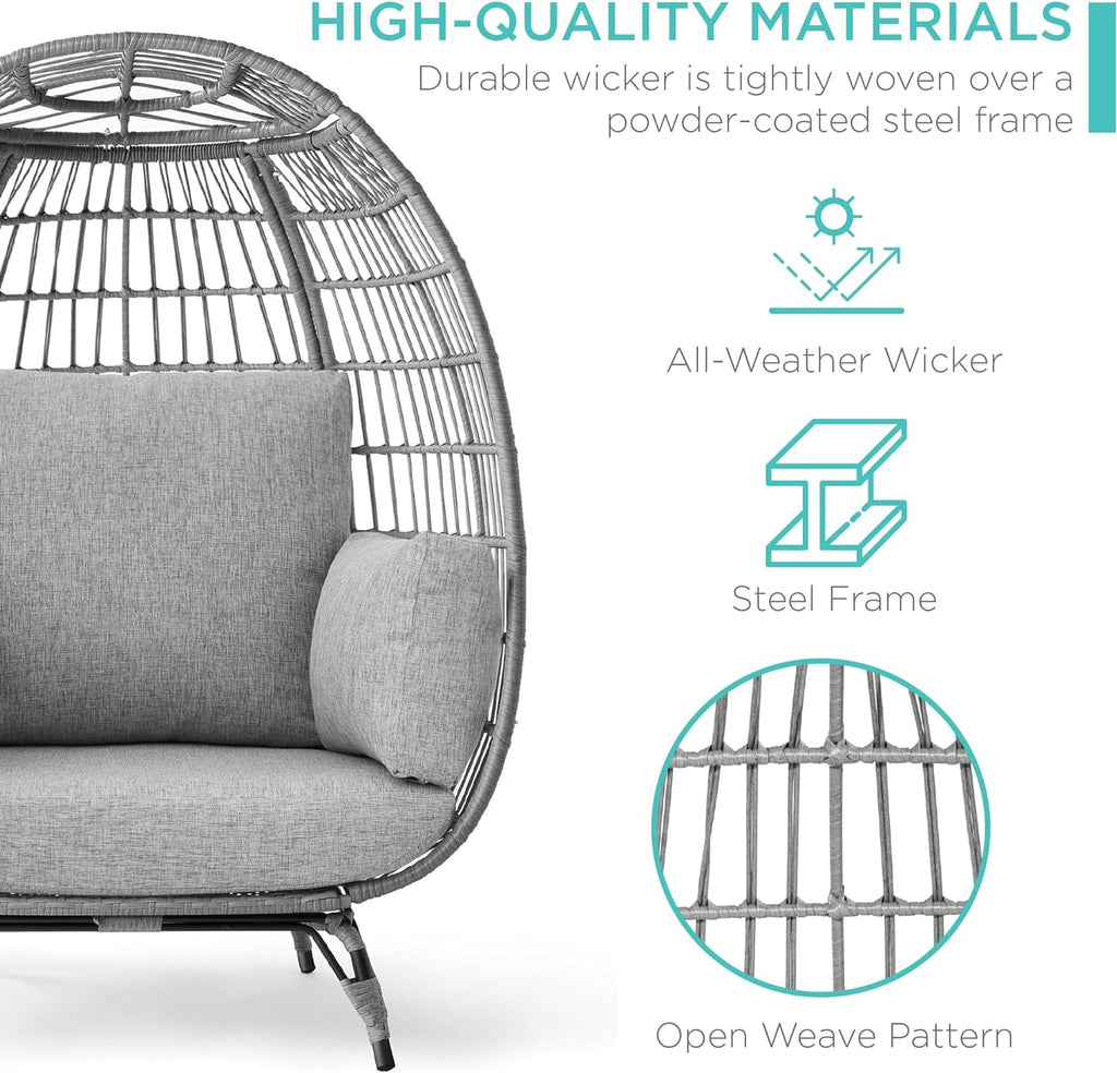 Best Choice Products Wicker Egg Chair Oversized Indoor Outdoor Lounger for Patio Backyard Living Room w/ 4 Cushions Steel Frame 440lb Capacity - Ivory
