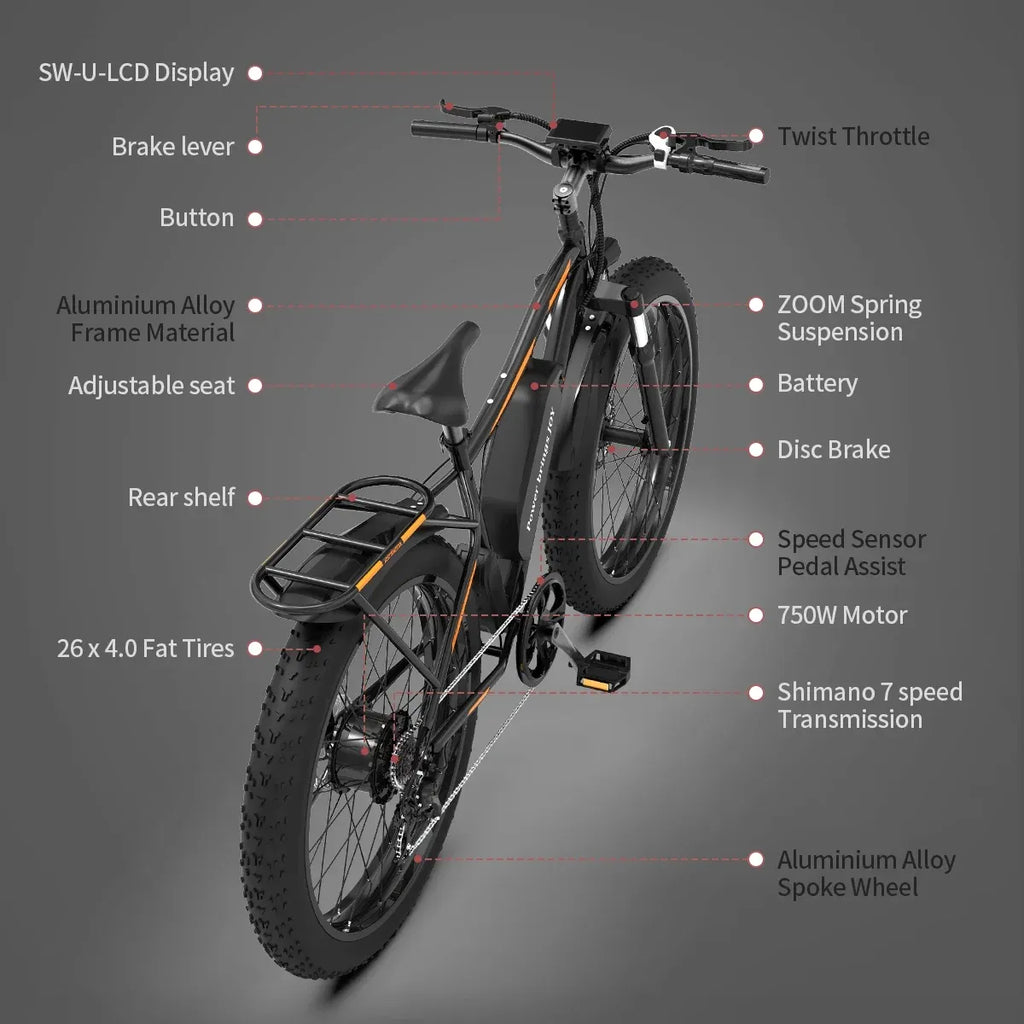 26 In.48V 13Ah 750W Mountain Electric Bikes for Adults Men, 26"x4.0 Fat Tire Electric Bicycle 7 speeds Gear Outdoor Ebikes, Black,S48