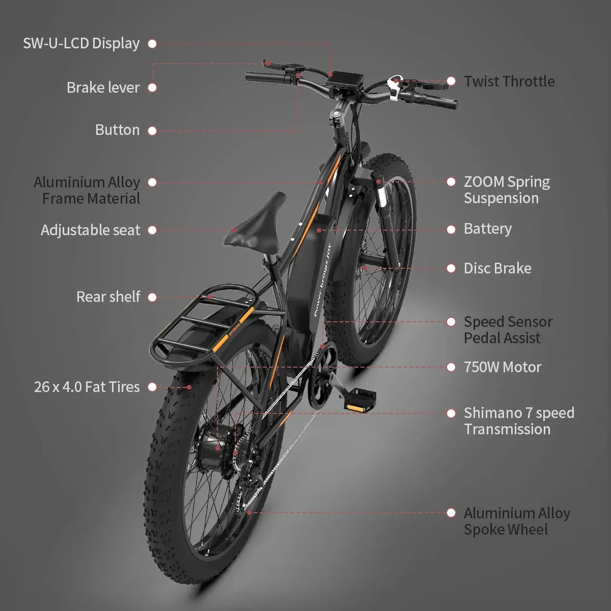 26 In.48V 13Ah 750W Mountain Electric Bikes for Adults Men, 26"x4.0 Fat Tire Electric Bicycle 7 speeds Gear Outdoor Ebikes, Black,S48