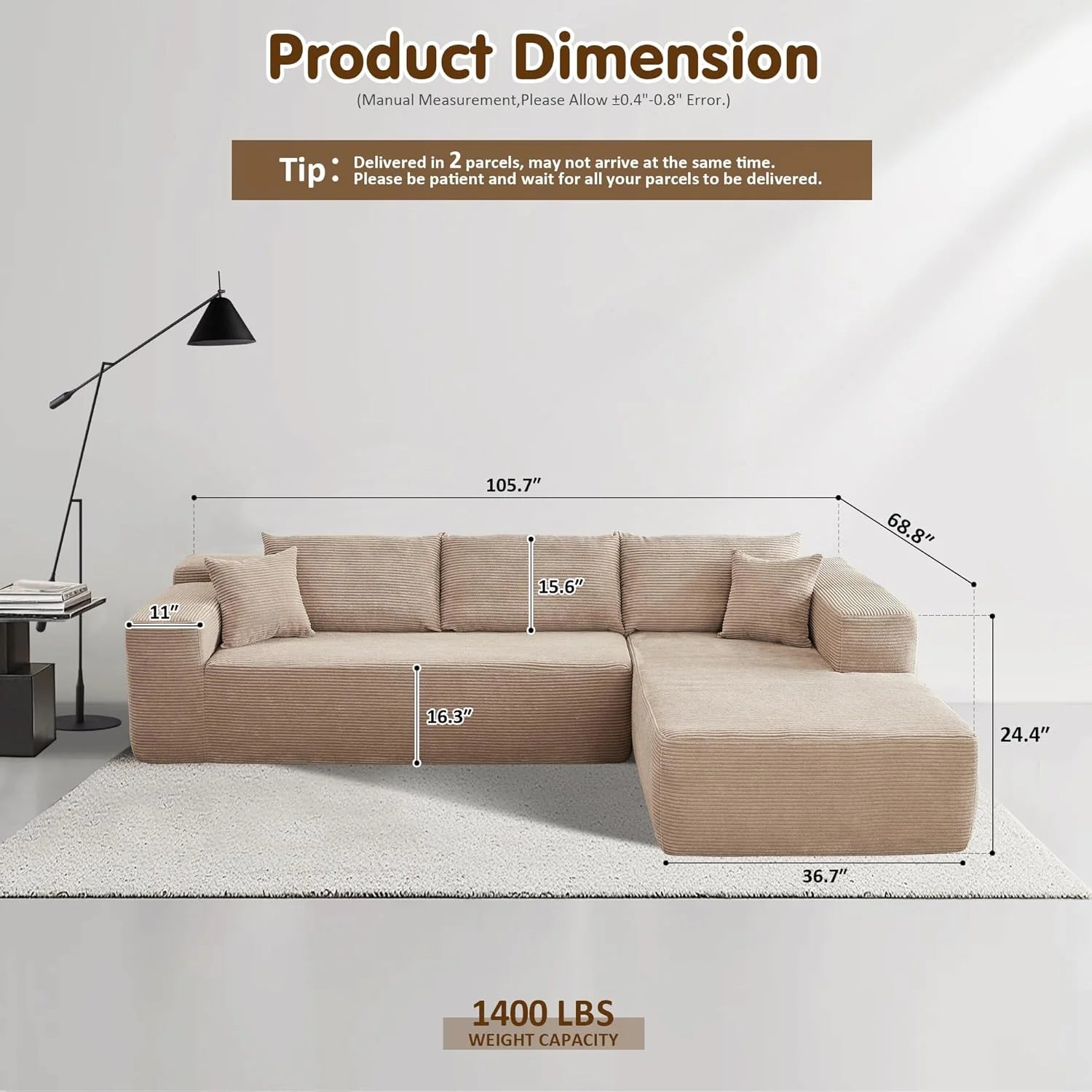 ovios 104" Cloud Sectional Couch with L-Shape Chaise,Modern Modular Sofa with Deep Seat, Upholstered Couches for Living Room Bedroom,No Assembly Required, Grey (Plush Corduroy Fabric)