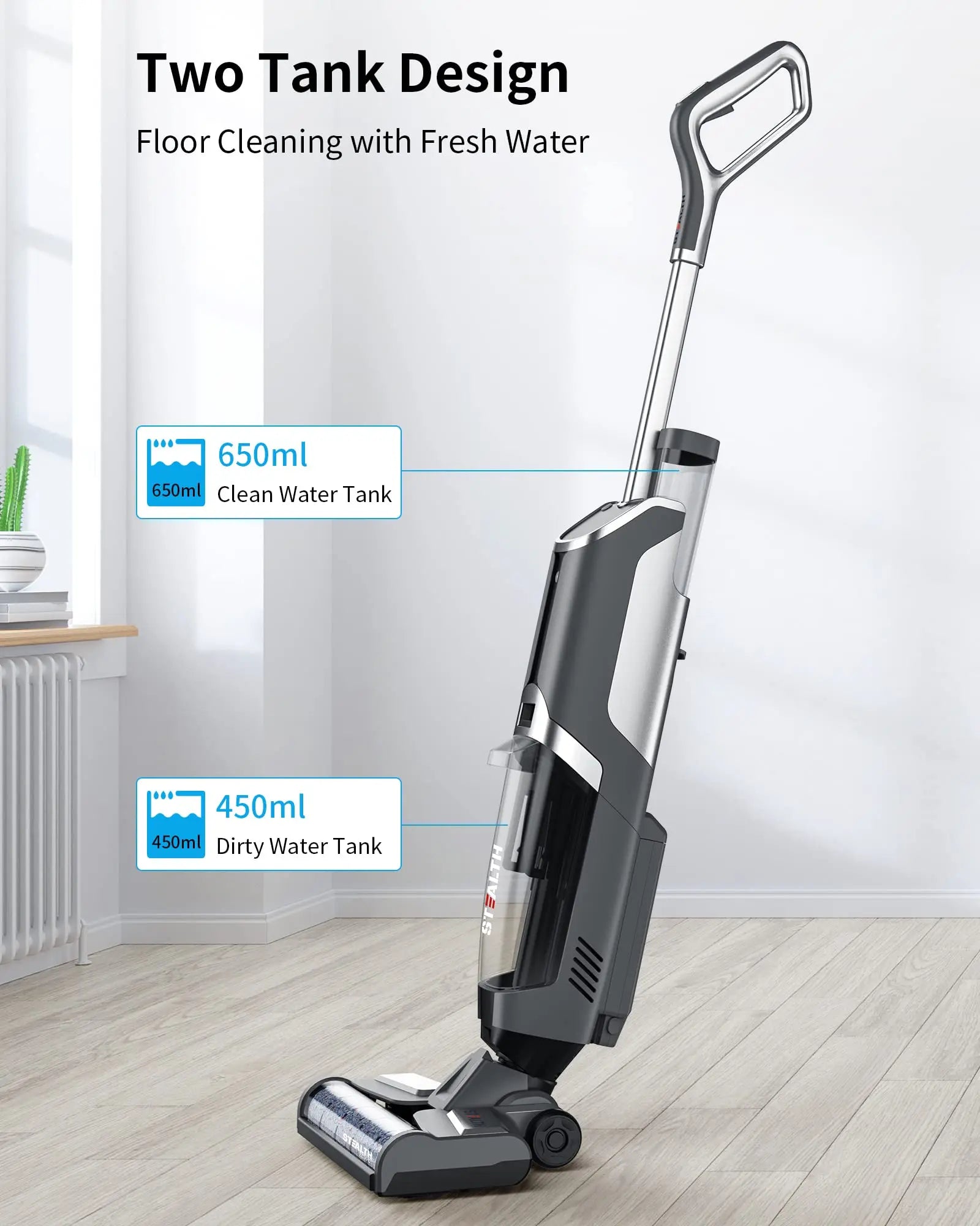 Stealth ECVP01 Cordless Wet Dry Vacuum Cleaners & Mop, Smart Hardwood Floor Cleaner with Self-Cleaning, Vacuum & Mop & Wash 3 in 1, Lightweight Mop Vacuum Cleaner for Area Rugs, Gray