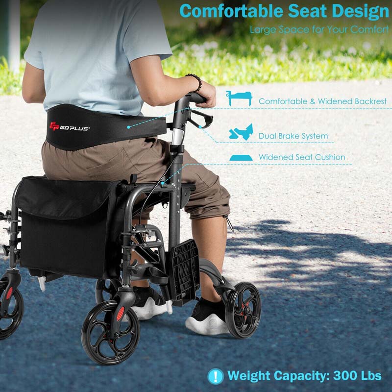 2 In 1 Rollator Walker Wheelchair Folding Medical Walker Aluminum Transport Chair Mobility Walking Aid - Comfortable And Ergonomic Design