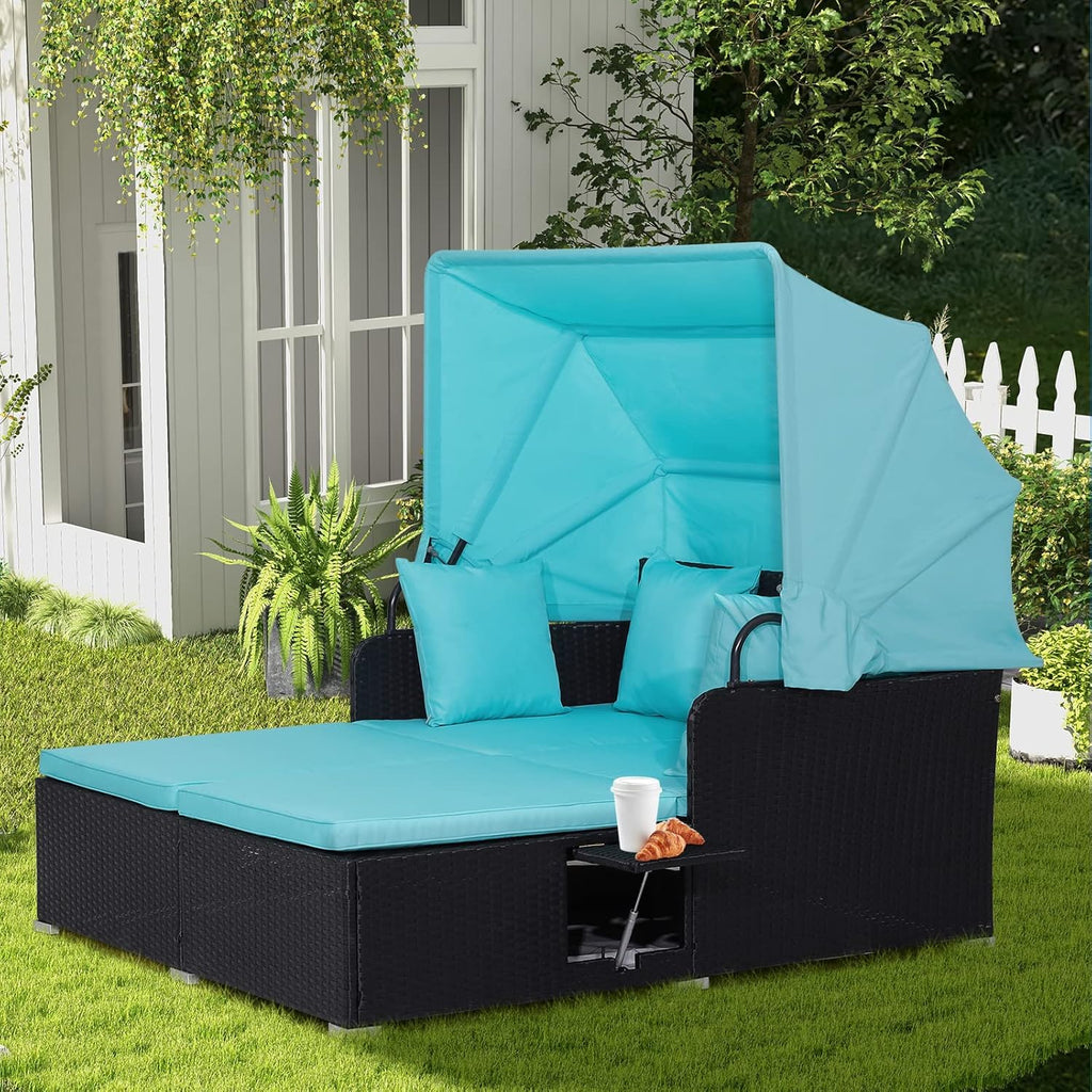 RELAX4LIFE Patio Outdoor Daybed Canopy Wicker Sunbed Cushions Lounge Bed Conversation