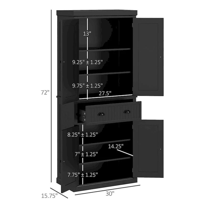 72  Kitchen Pantry Storage Cabinet, Traditional Freestanding Cabinet with 4 Doors and 3 Adjustable Shelves, Large Central Drawer