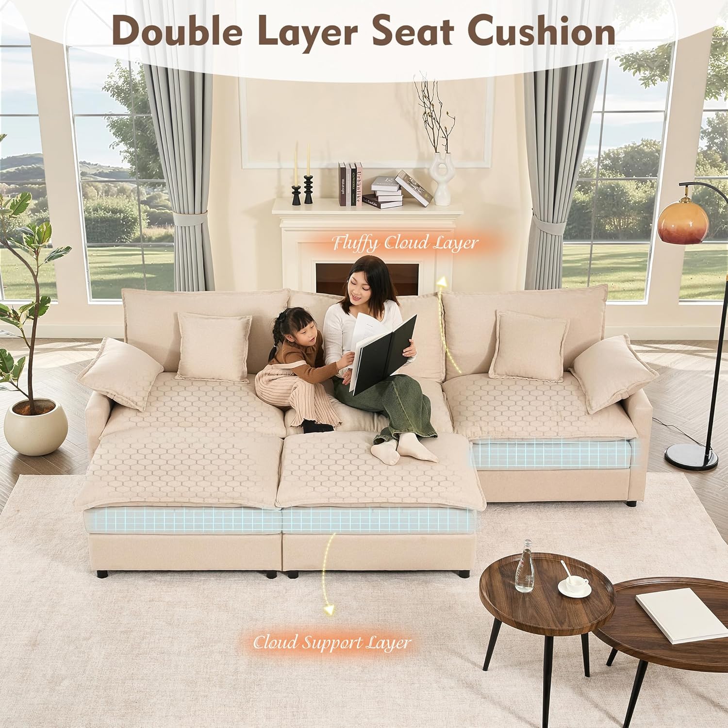 108" U Shaped Couch, Modular Sectional Sofa, 3-Seater Comfy Cloud Couch with Movable Ottoman, Deep Seat Couches for Living Room, Linen, Beige