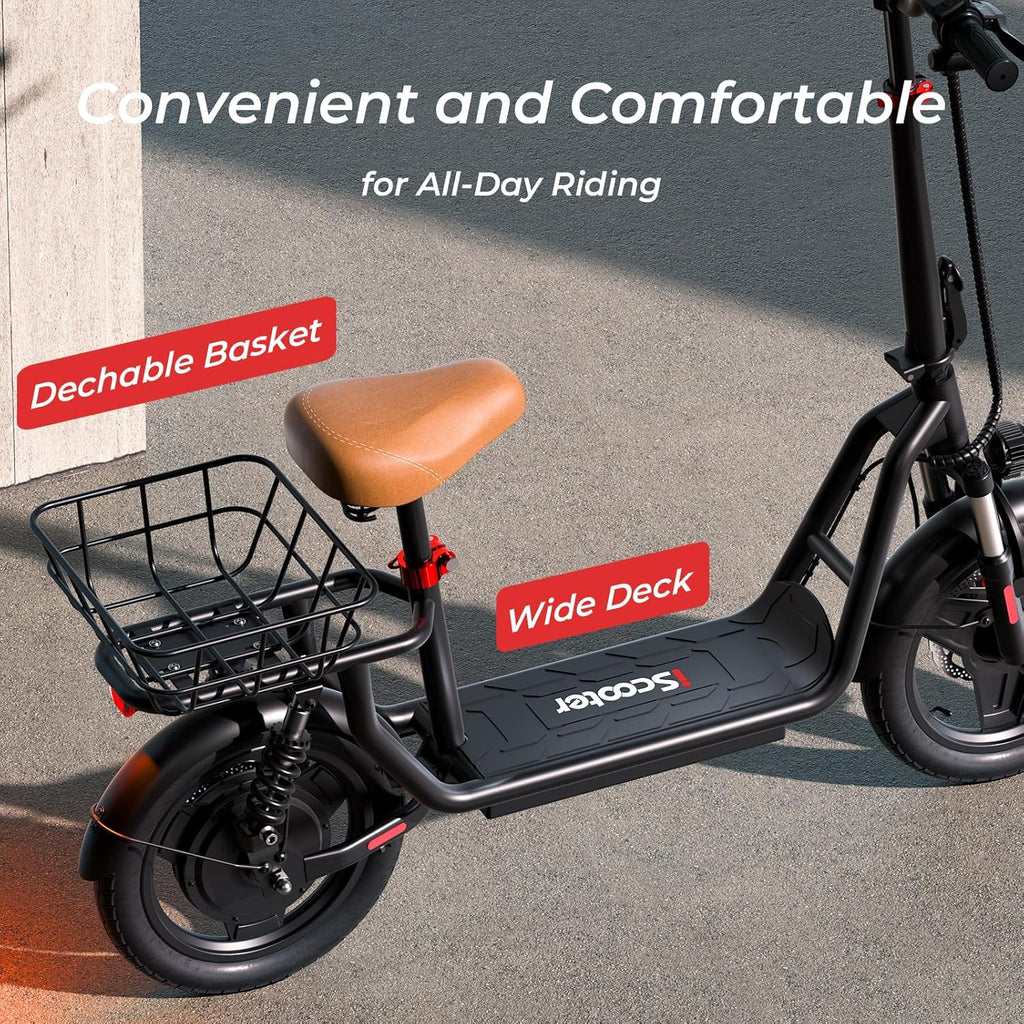 iScooter electric scooter with seat, 37/21 mile range, 28/19/15.6 mph top speed, dual suspension scooter with basket