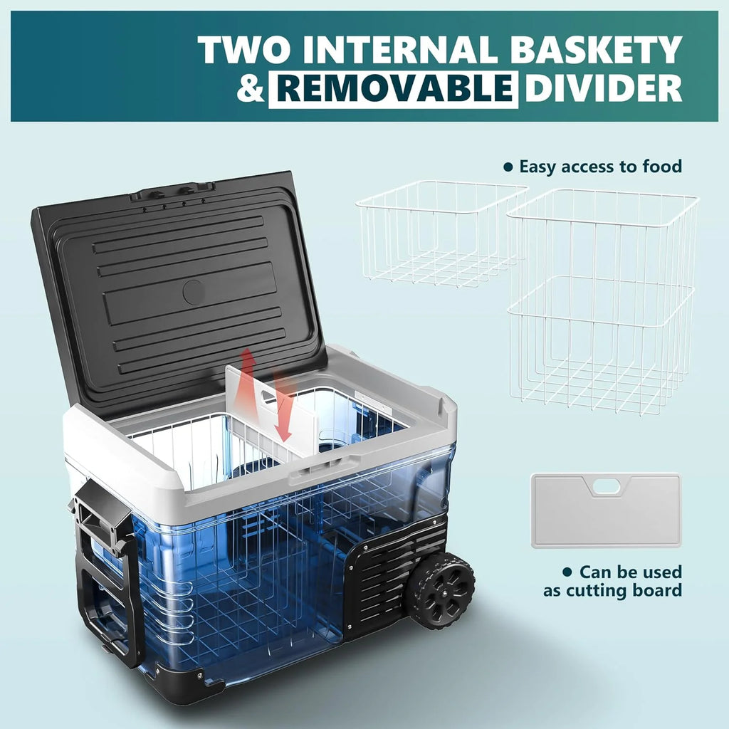 EUHOMY 12 Volt Refrigerator, 53QT(50L) Electric Cooler, Portable Freezer 12V/24V DC 110-240V AC, 12V Fridge -4℉~68℉, 12V Cooler with Wheels & 2 Baskets for Travel, Truck, Boat, Camping