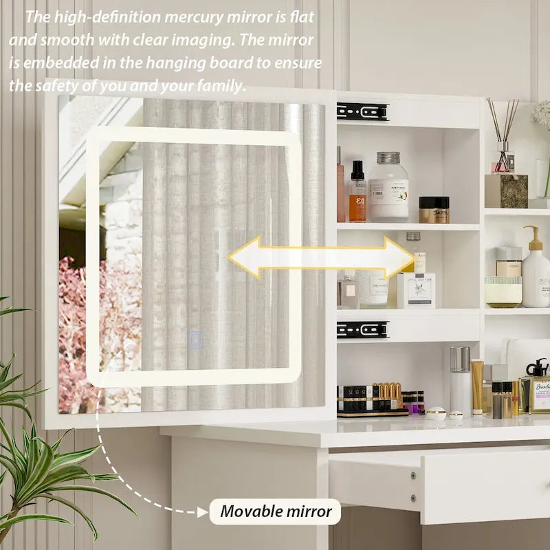 White Makeup Vanity Set with LED Mirror and Stool - 39.4" Wide