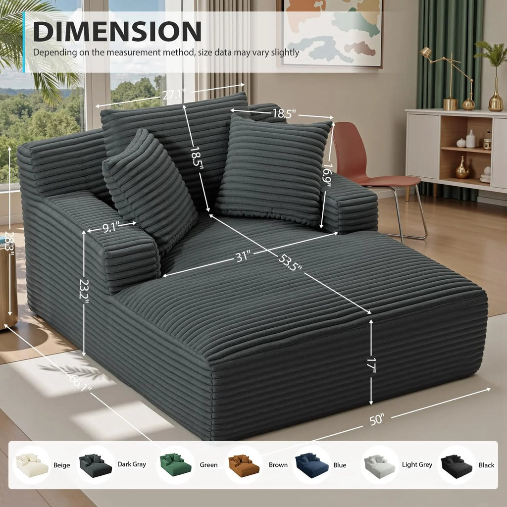 50 Inch Chaise Lounge Chair Indoor, Oversized Corduroy Upholstered Boneless Sofa Bed, Deep Seat Sleeper Couch Reading Chairs, Cloud Sofas Couches for Living Room, No Assembly Required (Dark Grey)