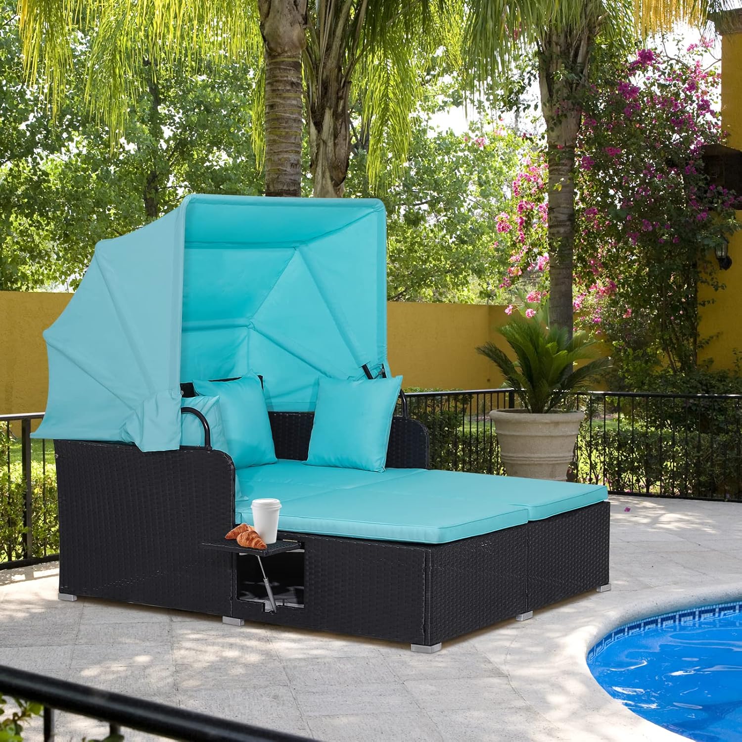 RELAX4LIFE Patio Outdoor Daybed Canopy Wicker Sunbed Cushions Lounge Bed Conversation