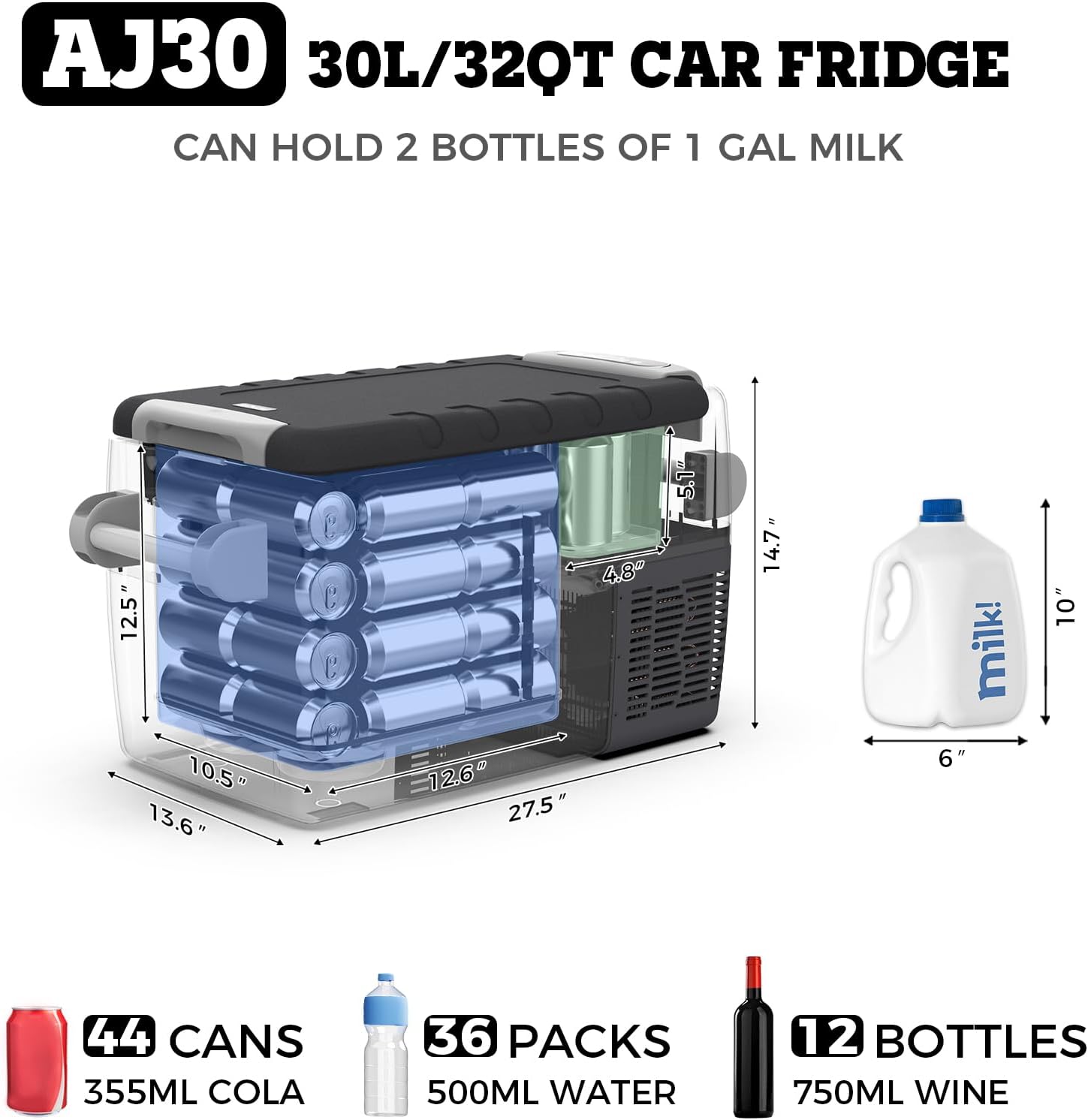 AJ30 Portable RefrigeratorPortable Freezer32 Quart(30L) Electric CoolerCar Refrigerator12/24V DC Cable & 110/240V ACCar Fridge for CampingTruckRVTravelFishing3-YEAR Warranty