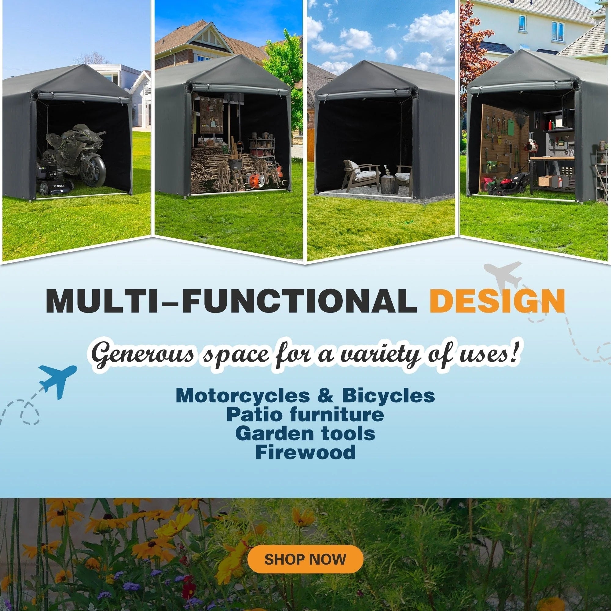 Outdoor Storage Shed and Carport Canopy: Portable Shelter for Bikes, Motorcycles, and Garden Storage