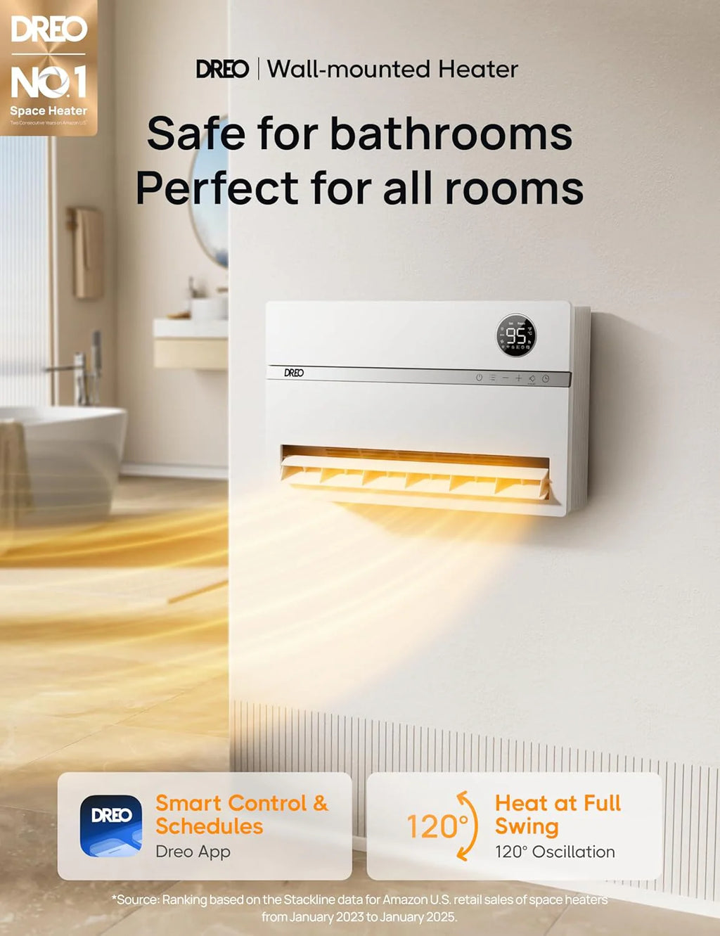 Dreo Smart Wall Heater, Electric Space Heater for Bedroom 1500W, 120° Vertical Oscillation, Adjustable Thermostat, Remote Control, 24H Timer, Easy-Mount Heater for Indoor Use, Works with Alexa, WH719S