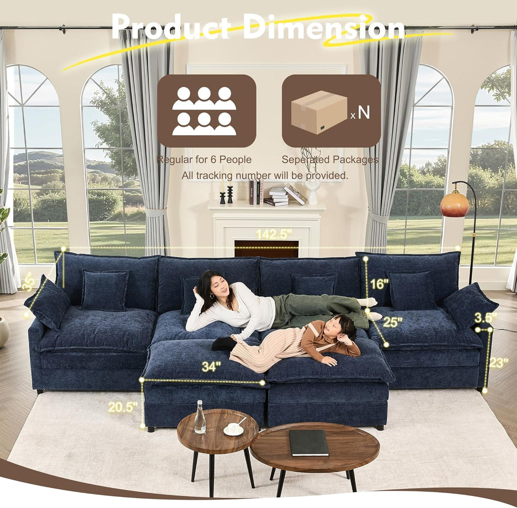 108" U Shaped Couch, Modular Sectional Sofa, 3-Seater Comfy Cloud Couch with Movable Ottoman, Deep Seat Couches for Living Room, Linen, Beige