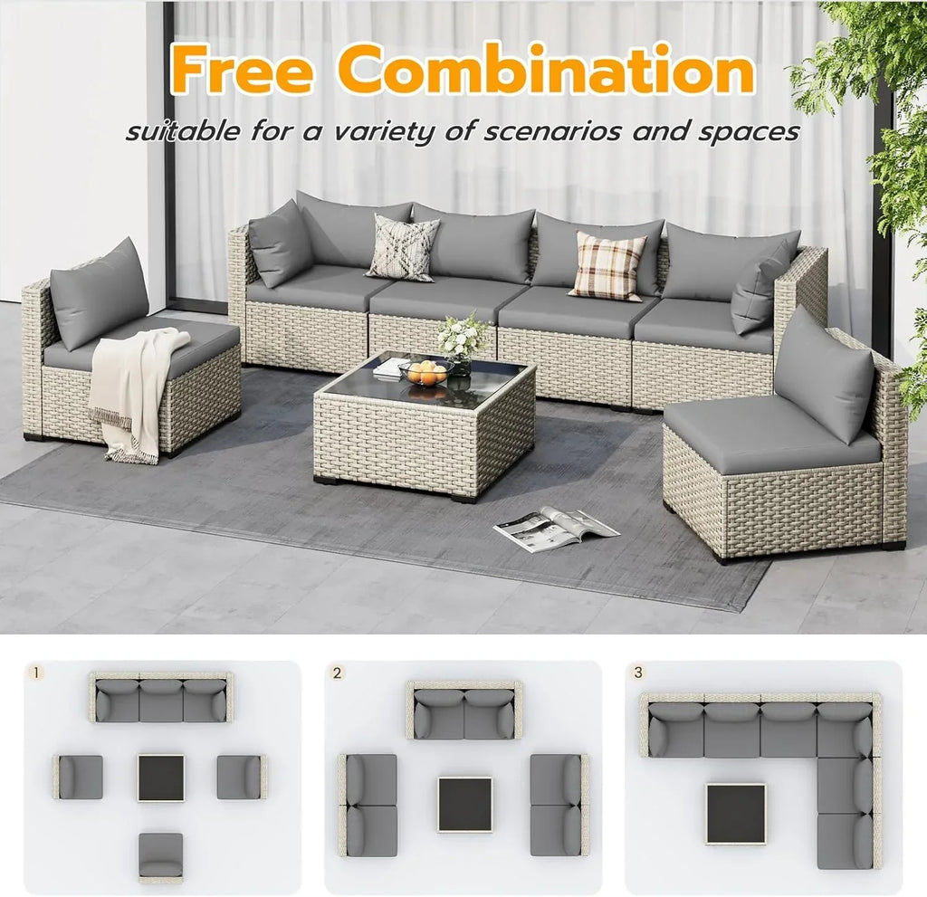 UDPATIO Outdoor Patio Furniture Set 7-Piece PE Wicker Sectional Sofa Outdoor Conversation Set