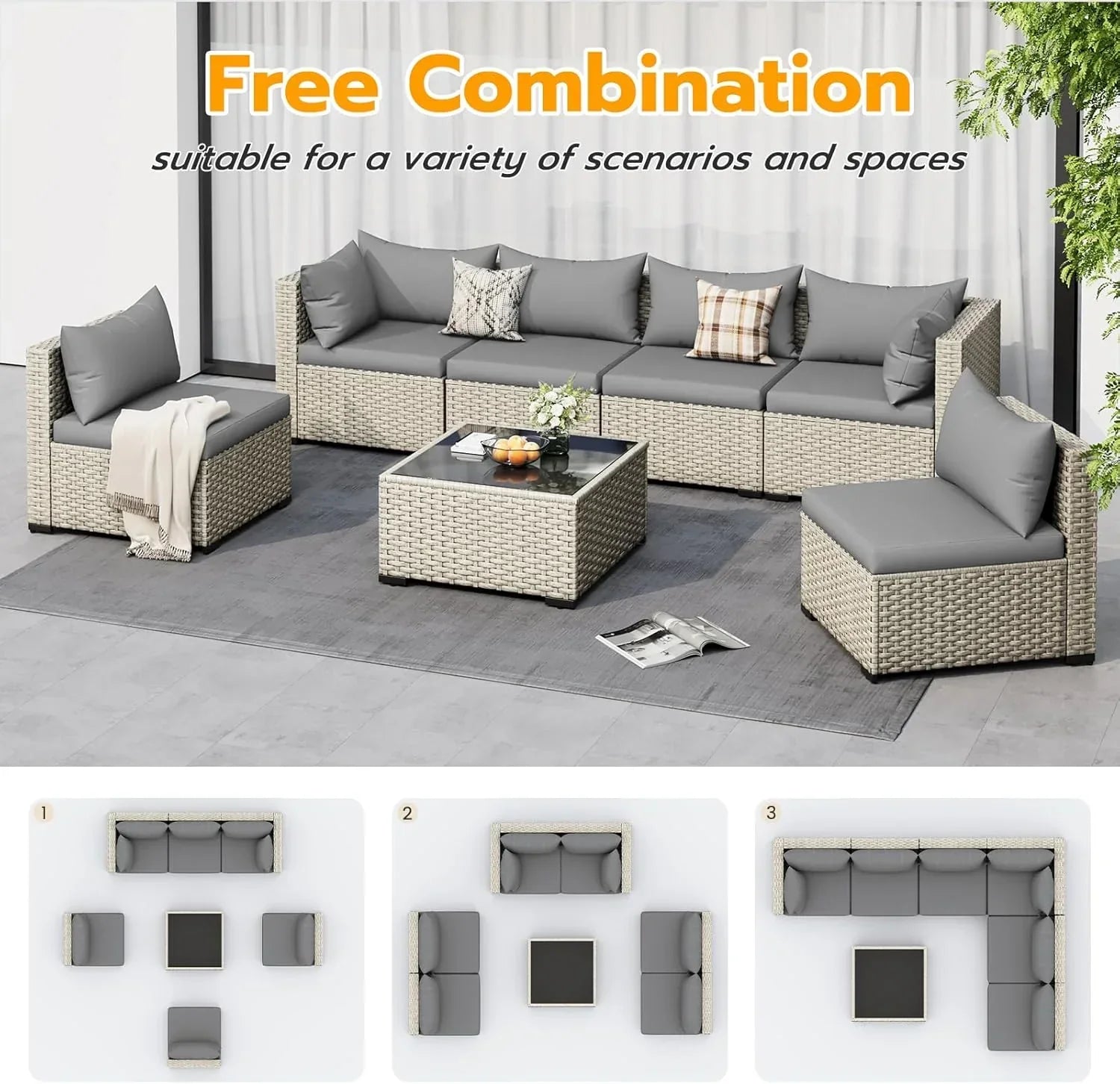 UDPATIO Outdoor Patio Furniture Set 7-Piece PE Wicker Sectional Sofa Outdoor Conversation Set