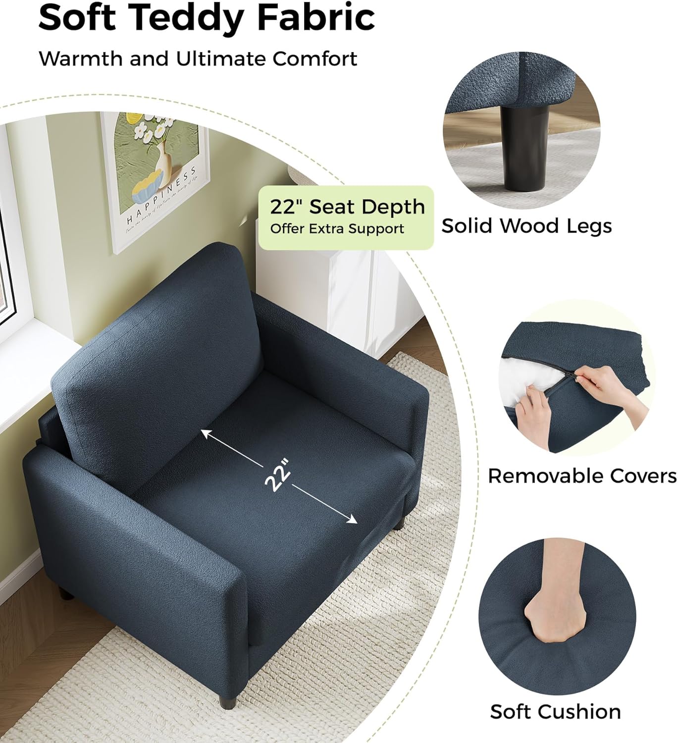 Loveseat Sofa 51" Love Seat Comfy Corduroy Small Loveseat Small Spaces Tool-Free Setup Couch