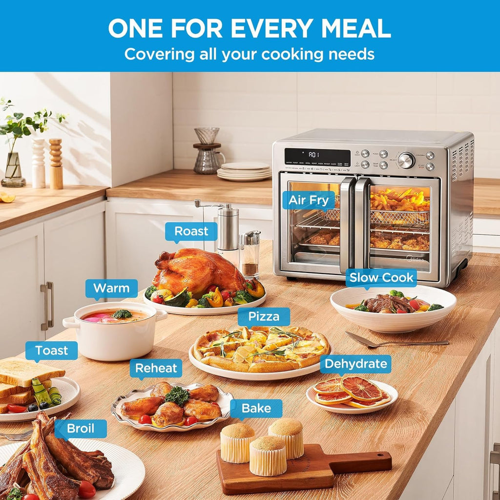 Flexify French Door Toaster Oven Air Fryer Combo, 26.4 QT, Extra Large Air Fryer Countertop Oven 10-in-1 Combo, 25% Faster Cooking and 90% Less Oil, Stainless Steel