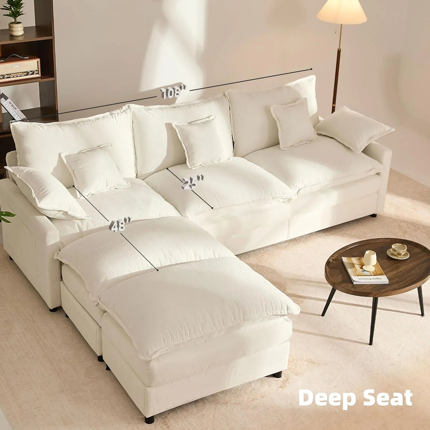 108" U Shaped Couch, Modular Sectional Sofa, 3-Seater Comfy Cloud Couch with Movable Ottoman, Deep Seat Couches for Living Room, Linen, Beige