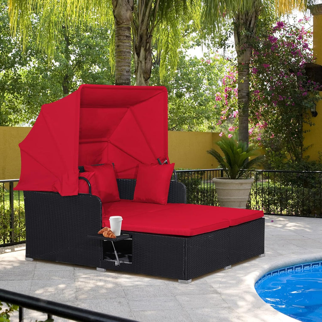RELAX4LIFE Patio Outdoor Daybed Canopy Wicker Sunbed Cushions Lounge Bed Conversation