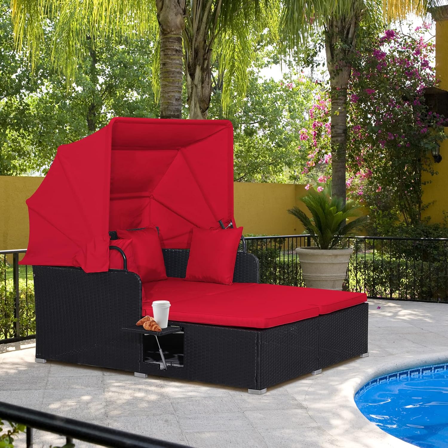 RELAX4LIFE Patio Outdoor Daybed Canopy Wicker Sunbed Cushions Lounge Bed Conversation