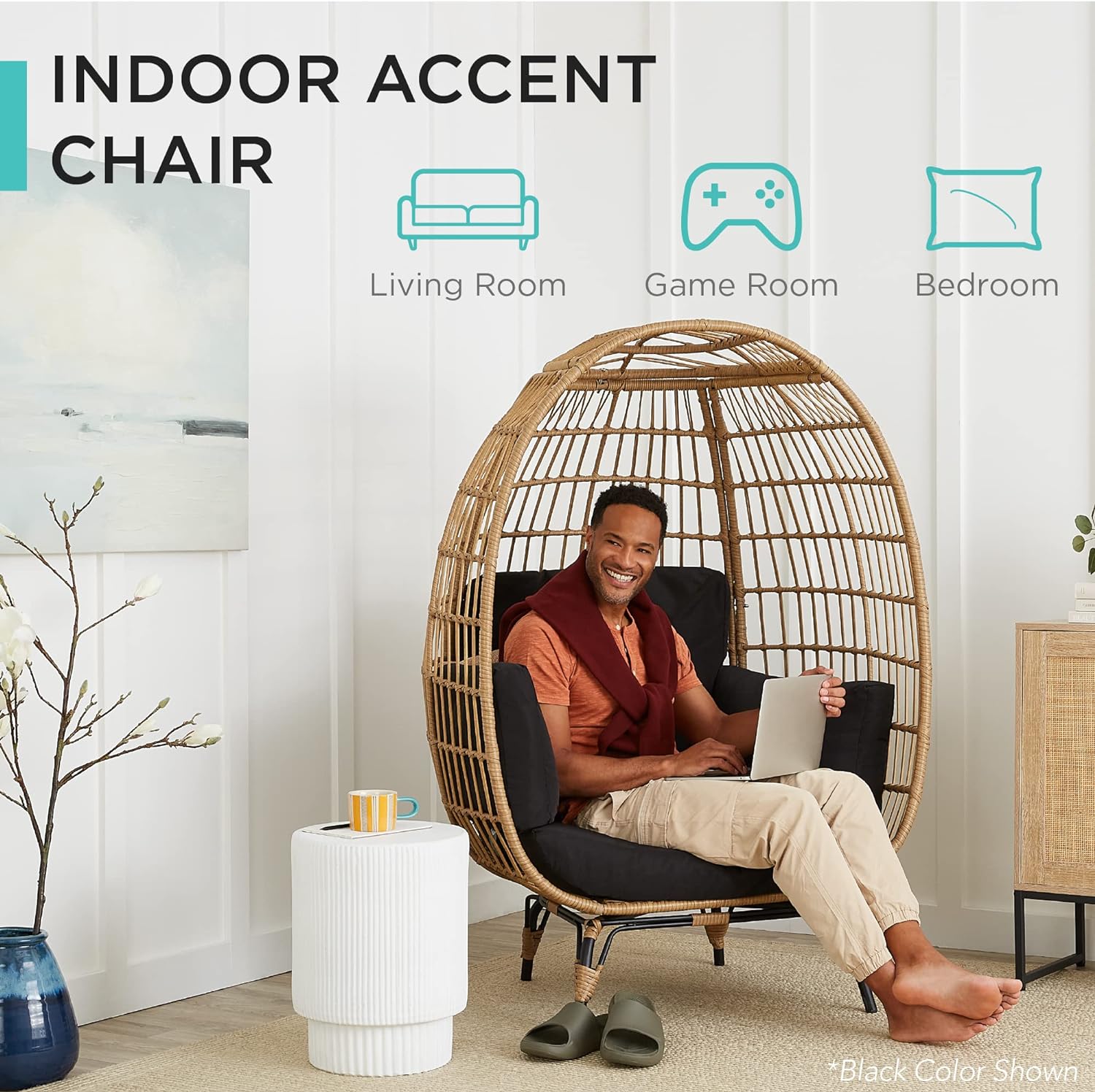 Best Choice Products Wicker Egg Chair Oversized Indoor Outdoor Lounger for Patio Backyard Living Room w/ 4 Cushions Steel Frame 440lb Capacity - Ivory