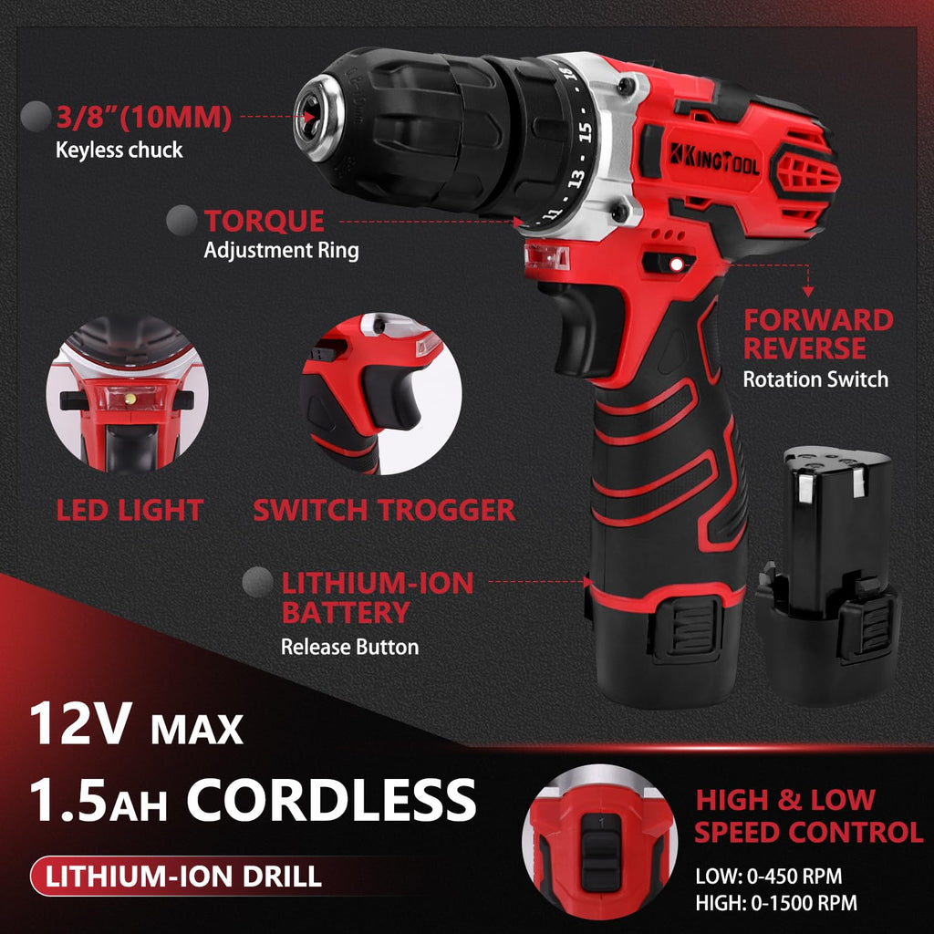 KingTool 276-Piece Tool Set Kit with 12V Cordless Power Drill Driver