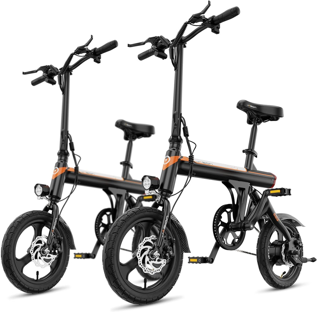 Jasion EB3 Electric Bike Adults 21mph, 500W Peak Motor, 270Wh Battery, Rear Suspension, 3 Levels Assist, 14&prime;&prime; Folding Ebike for Adults and Teens, Complies to UL2849